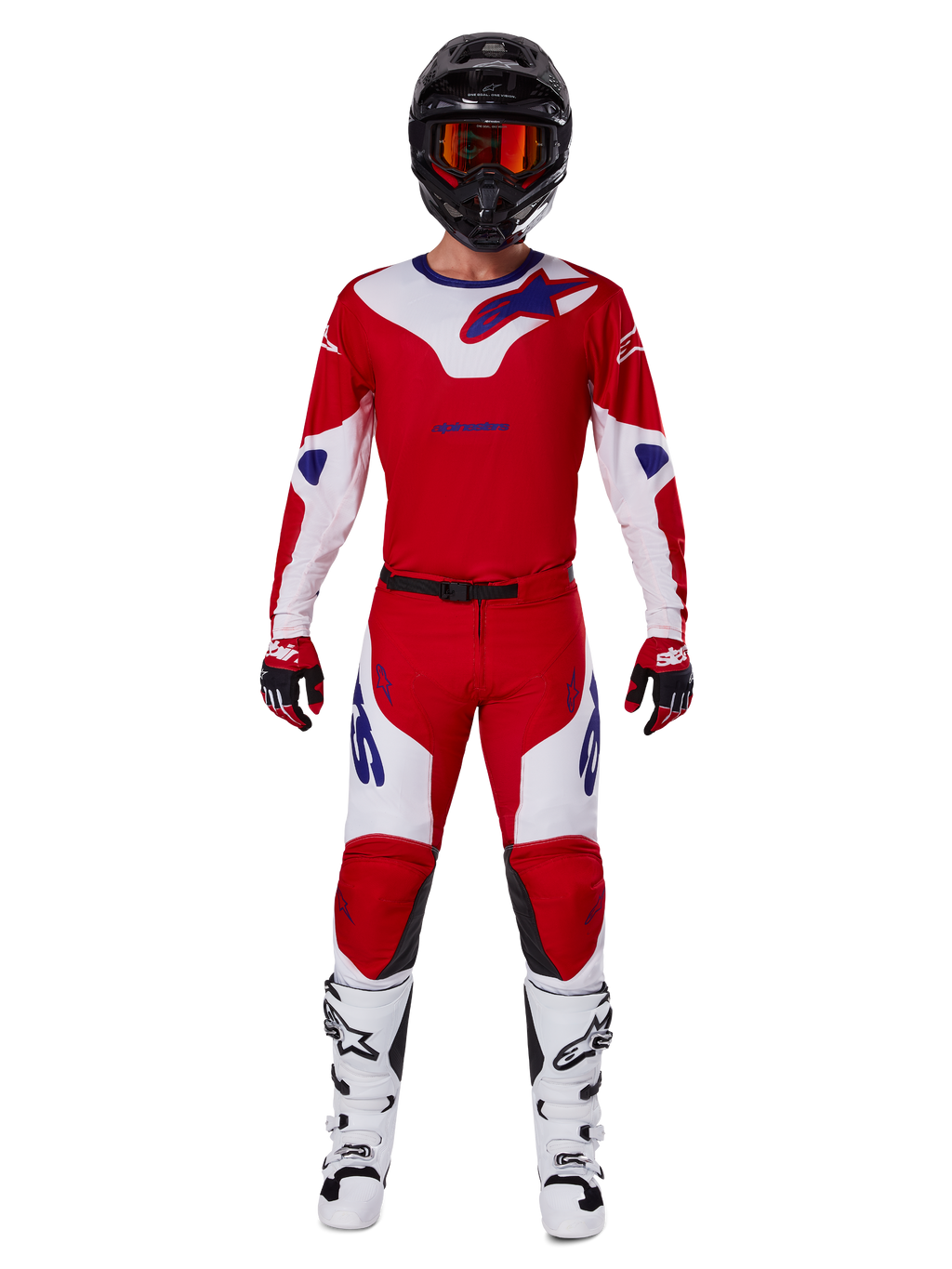 Alpinestars 2025 Racer Veil Pants and complete motocross gear set, Bright Red and White with blue accents, featuring a matching jersey, black helmet with orange goggles, white and black boots, and red gloves, coordinated performance look for off-road racing