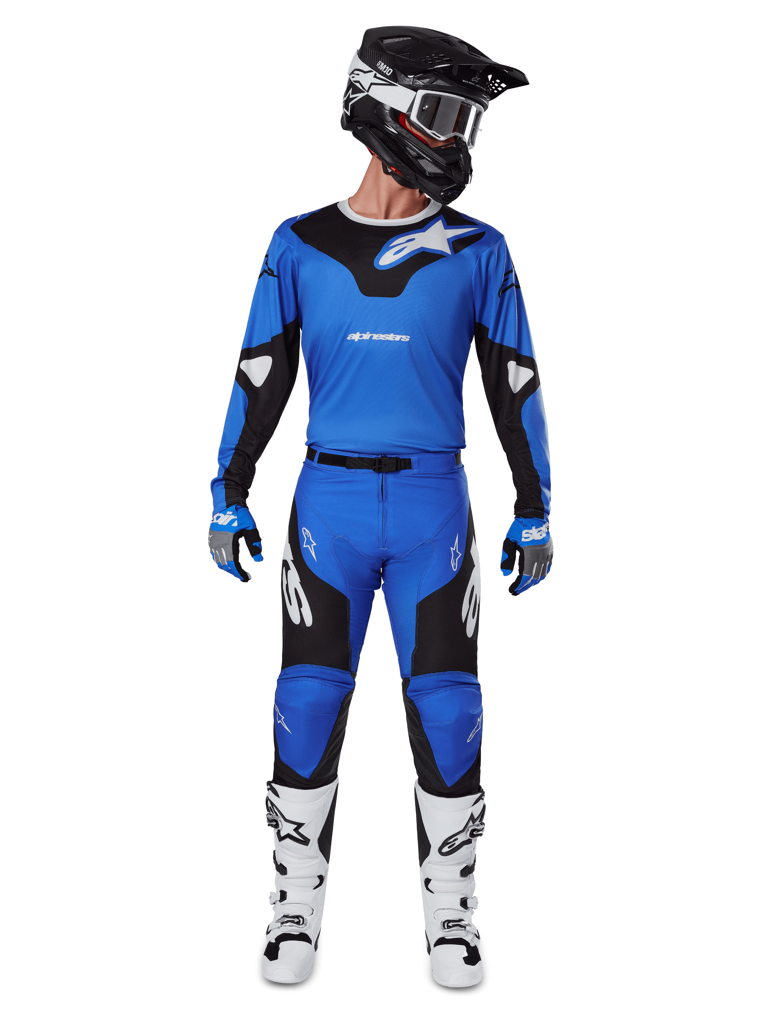 Alpinestars 2025 Racer Veil Pants, Motocross Pants, Blue and Black, worn as a complete racing outfit with a matching blue and black jersey, black and white helmet, blue gloves, and white boots, featuring bold logos and an ergonomic design for off-road riding.