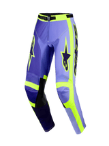 Alpinestars 2026 Racer Portl Pants, Motocross Pants, Purple and Fluorescent Yellow, featuring multi-tone purple panels with neon yellow accents, black leather inner knee patches, bold Alpinestars branding on the thighs, and a pre-curved ergonomic design for off-road racing.