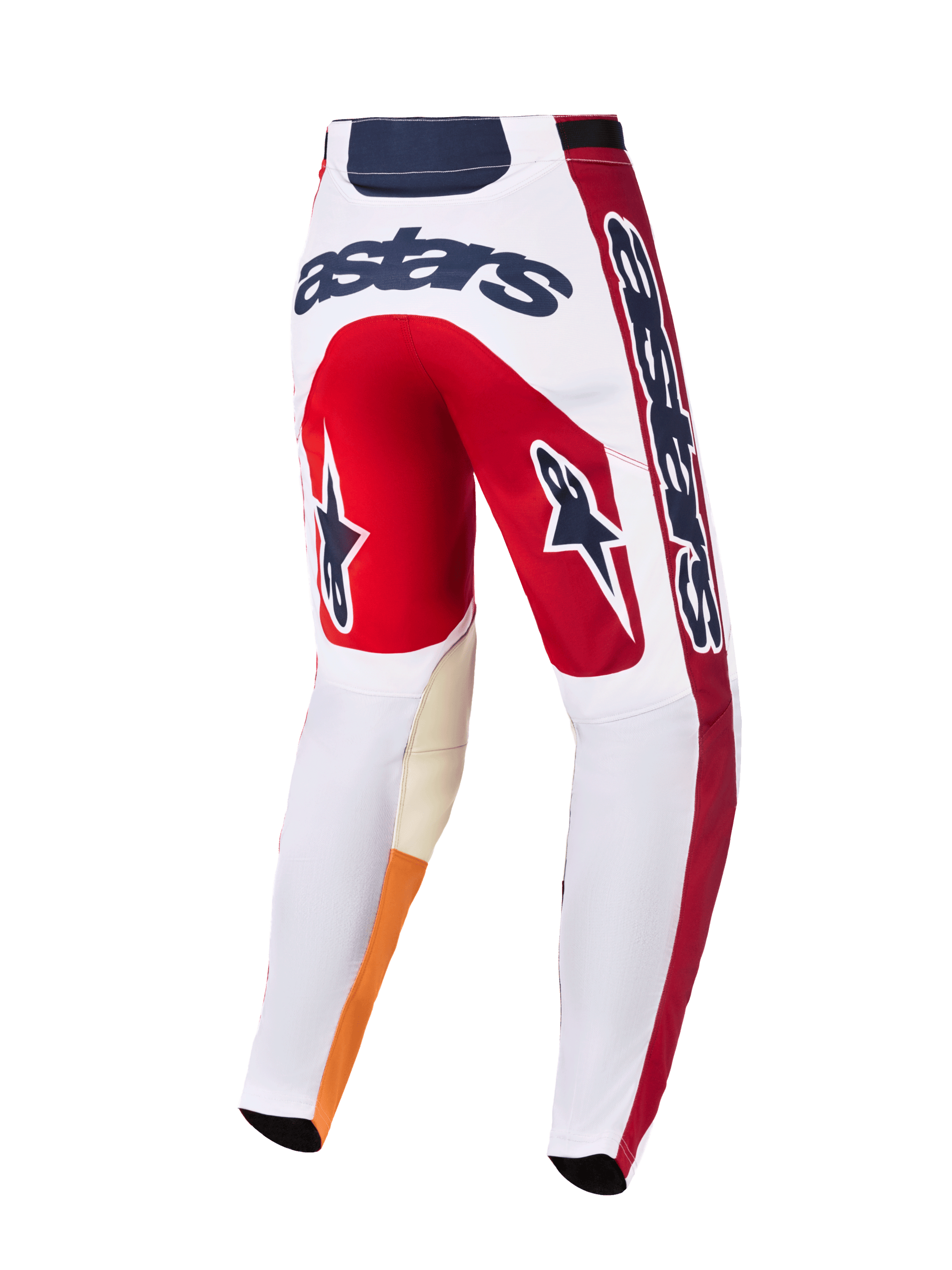 Alpinestars 2026 Racer Portl Pants, Motocross Pants, Red, White, and Dark Gray, rear view featuring bold 'astars' logo on the back, star icons on the legs, and durable material with reinforced inner knees for off-road racing.