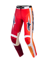 Alpinestars 2026 Racer Portl Pants, Motocross Pants, Red and Light Gray with Dark Gray logos, vibrant orange gradients and white stripes, large Astar branding on thighs, light gray leather inner knee reinforcements, black waist buckle, durable gear for off-road racing.