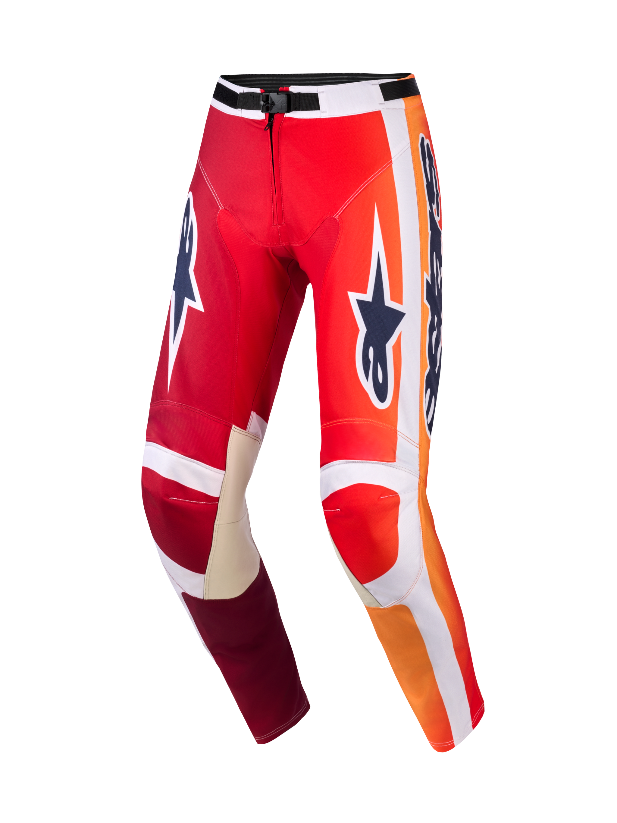 Alpinestars 2026 Racer Portl Pants, Motocross Pants, Red and Light Gray with Dark Gray logos, vibrant orange gradients and white stripes, large Astar branding on thighs, light gray leather inner knee reinforcements, black waist buckle, durable gear for off-road racing.