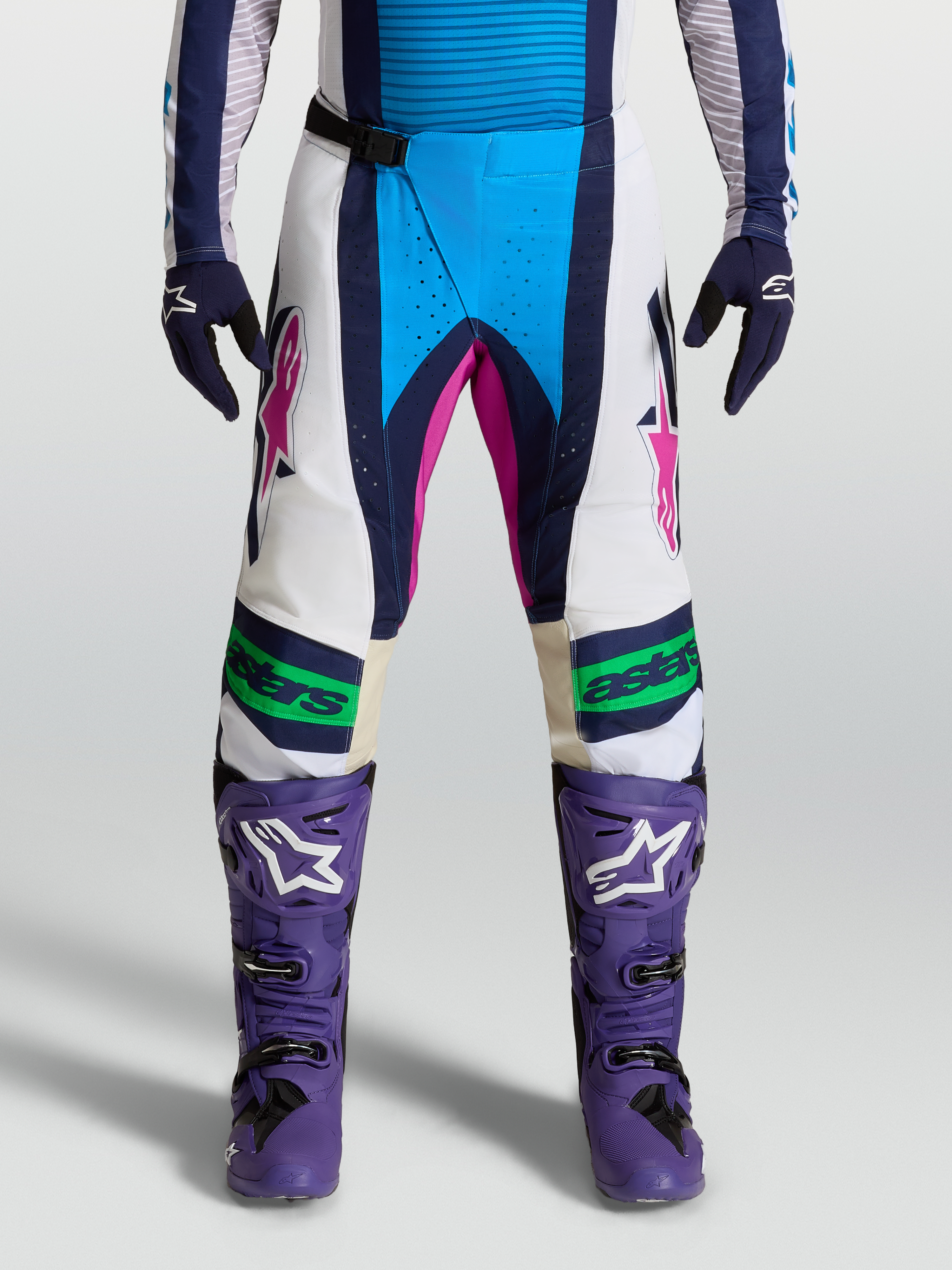 Alpinestars Techstar Maven Pants, Blue and White motocross racing pants with pink accents and Babel knee construction, on-model front view.