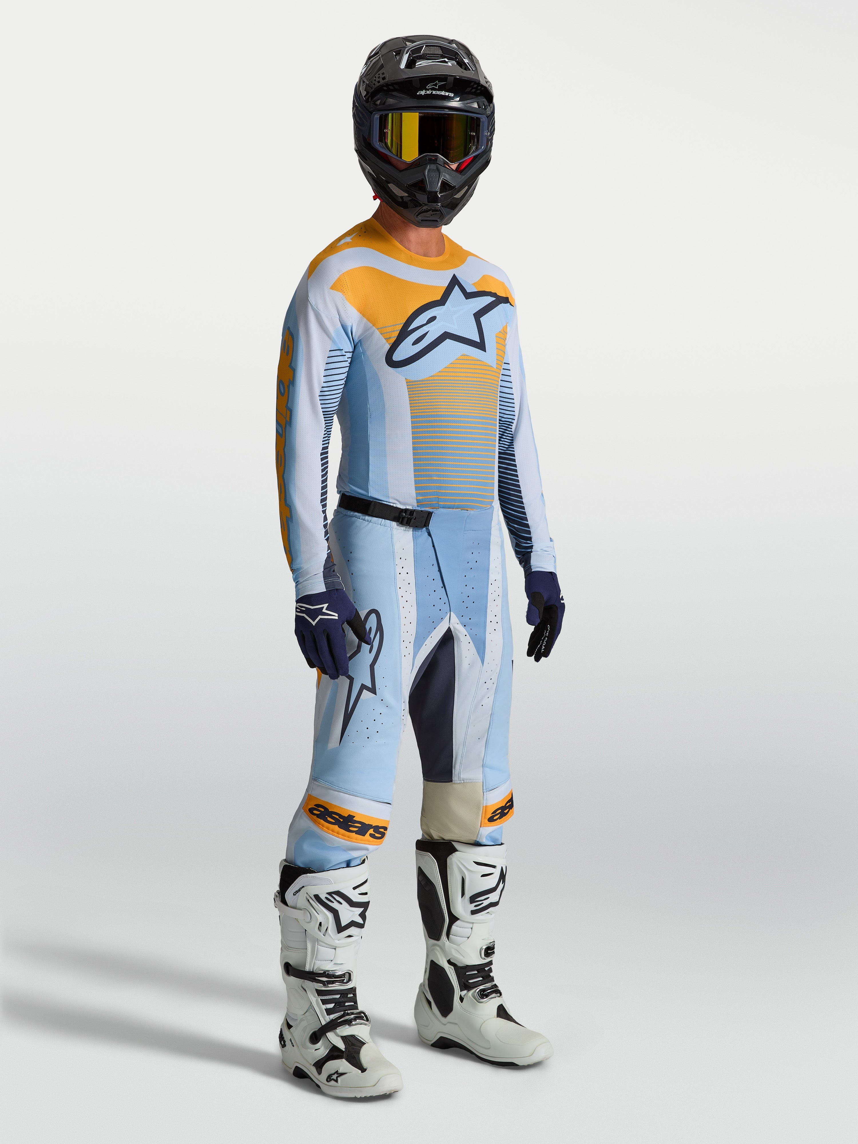 Alpinestars 2027 Techstar Maven Pants, men's motocross pants in dust blue and tangerine with performance ripstop stretch.