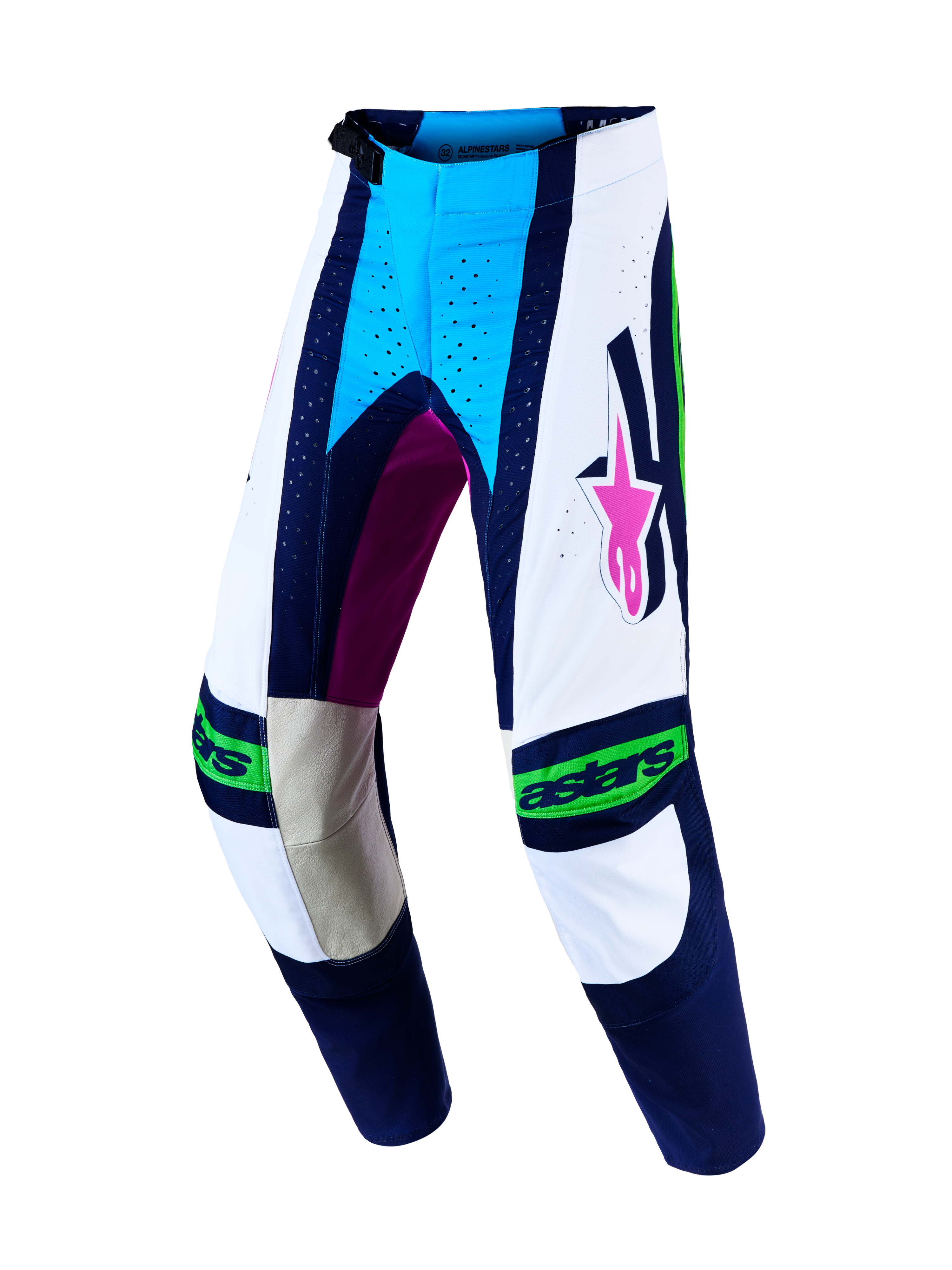 Alpinestars Techstar Maven Men's Motocross Pants, White and Blithe Blue with protective leather knee panels.