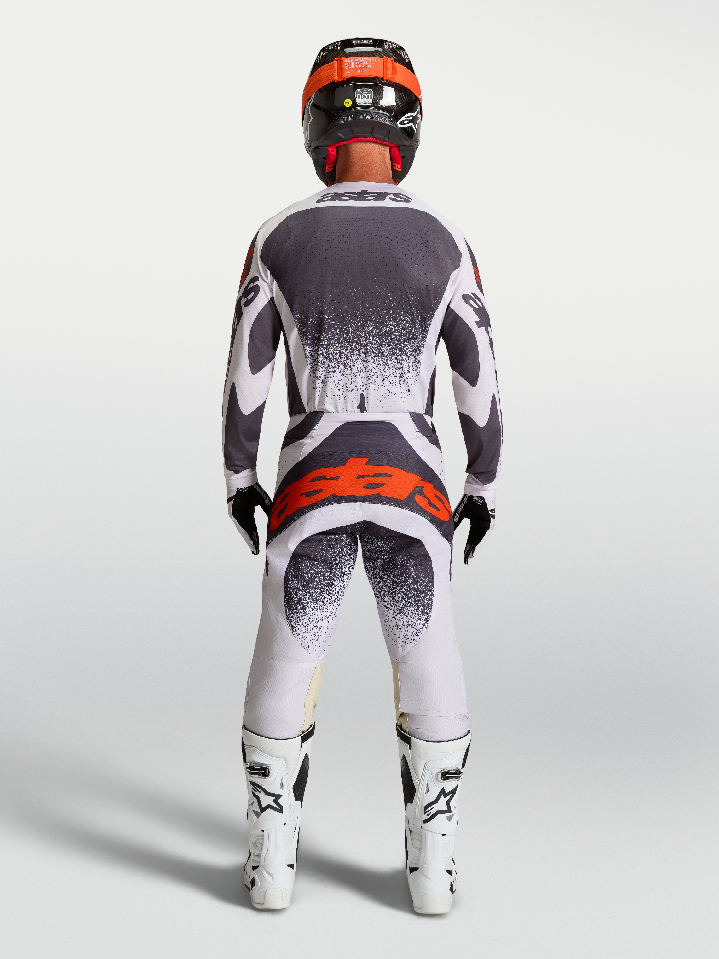 Alpinestars Techstar Swan Pants, Motocross Racing gear for Men, Light Lilac and Dark Gray with Red Fluo, back view.