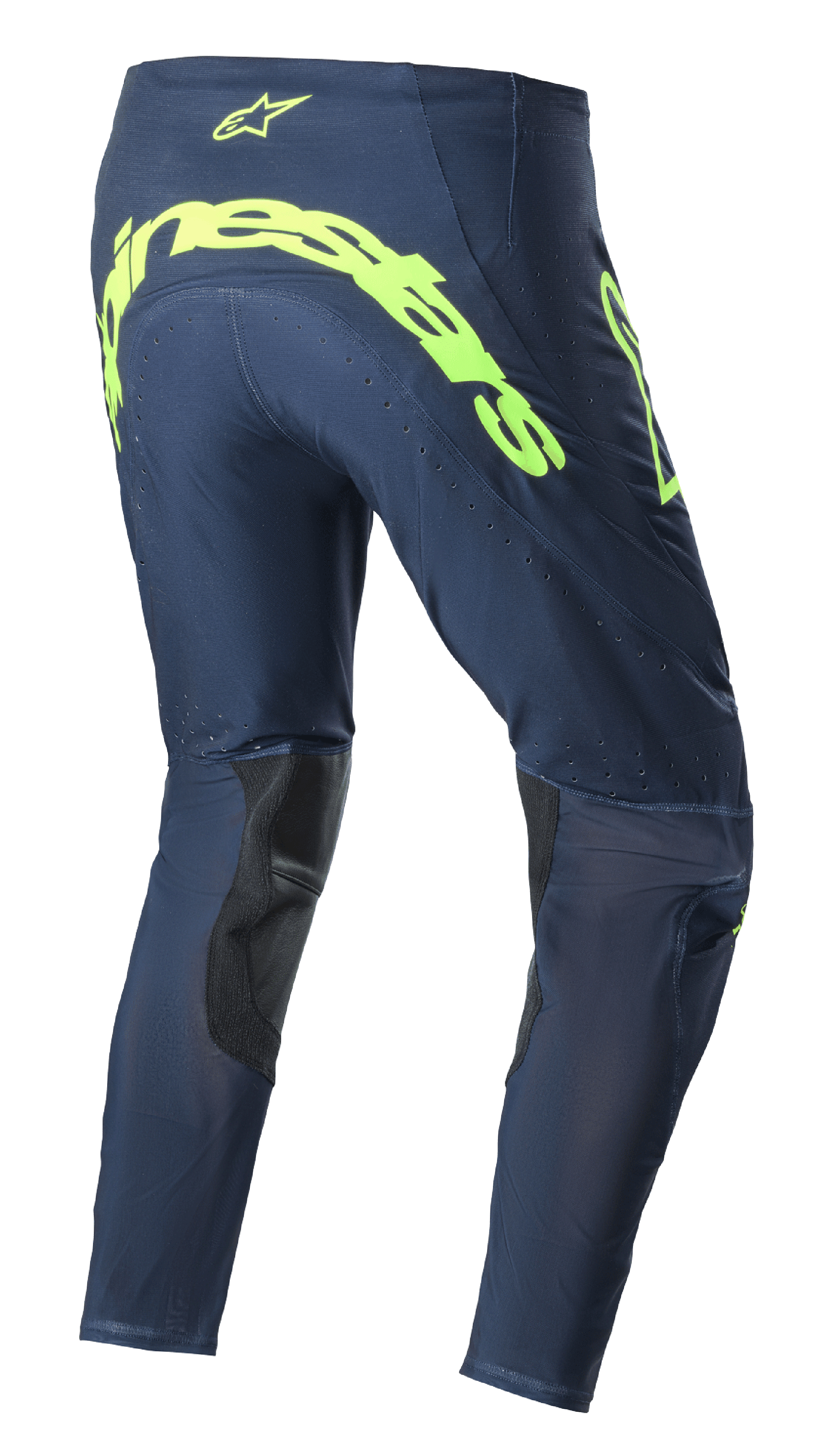 Alpinestars 2023 Supertech Bruin Pants, Motocross Pants, Night Navy and Yellow Fluo, rear view featuring large fluorescent yellow Alpinestars branding across the seat, perforated ventilation zones, and black inner-leg reinforcements.