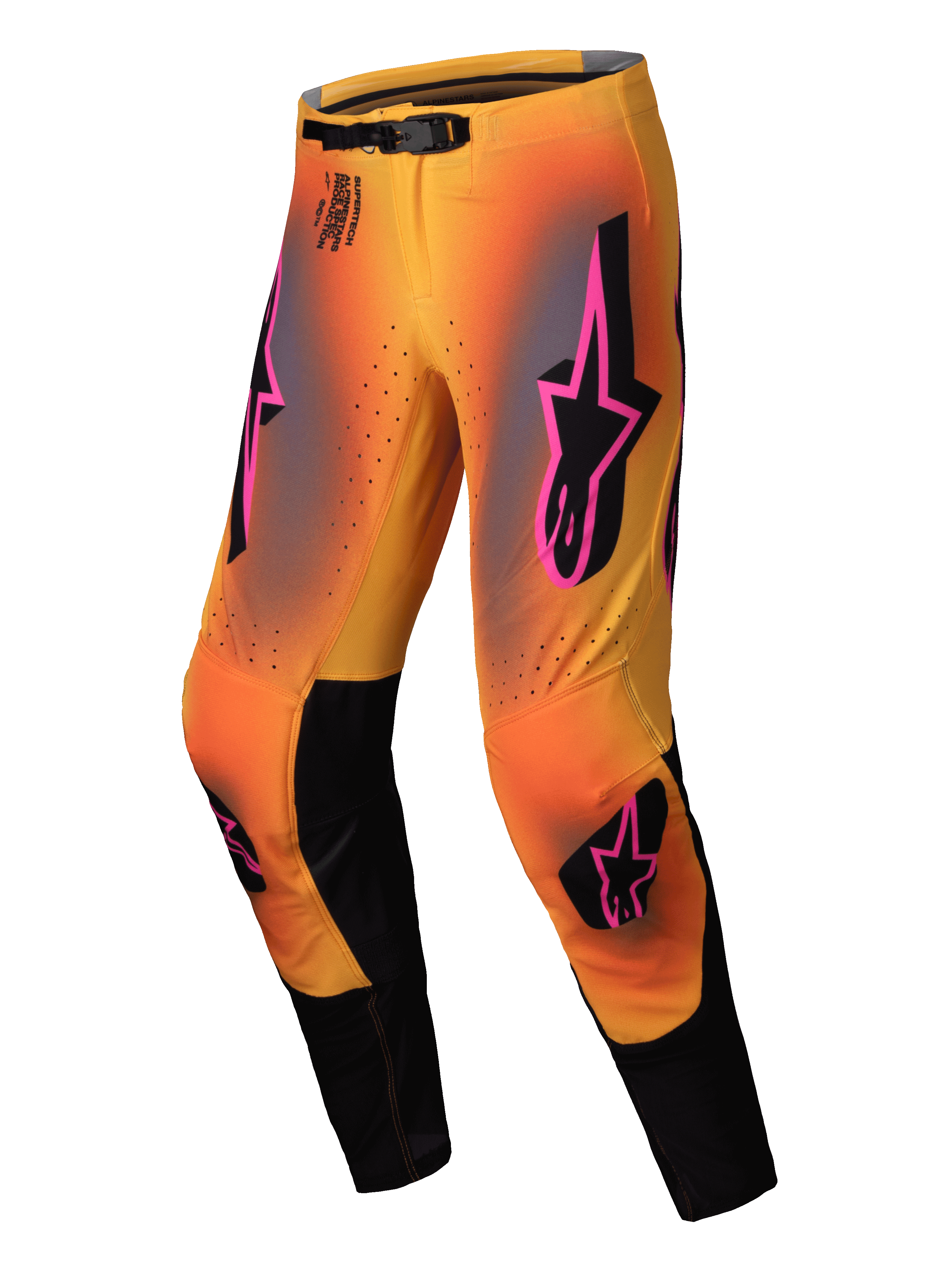 Alpinestars 2025 Supertech Lipan Pants, Men's Motocross Off-Road Pants in Yellow and Pink with Black accents, featuring a stretch rip-stop design, magnetic buckle closure, and goat leather knee panels