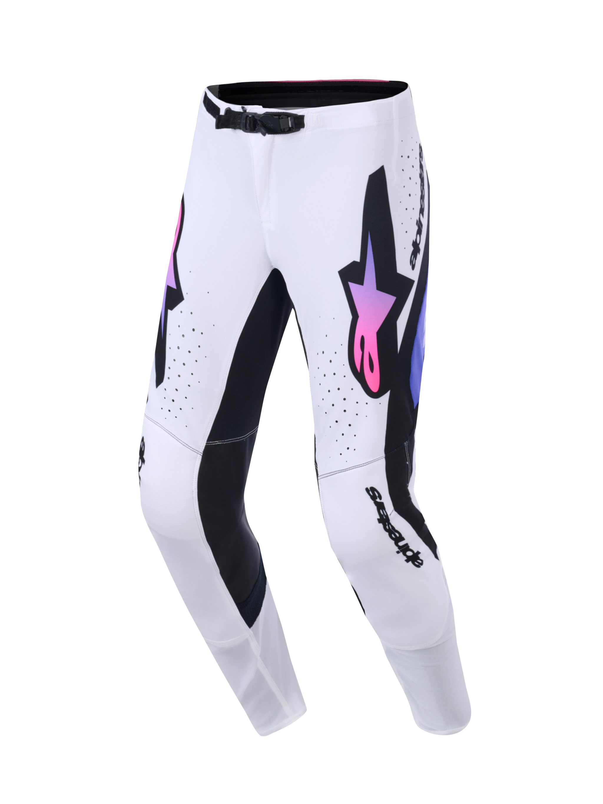 Alpinestars 2026 Supertech AFD Vista Pants, Motocross Pants, White Purple and Black, featuring a large black Astars logo with a pink and purple gradient, black inner leg panels, and an SX1 magnetic waist buckle, designed for off-road racing performance.
