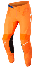 Alpinestars Supertech Foster Pants, Motocross Racing Pants, Orange and Black, featuring a blue waist buckle, white star logos on the knees, reinforced inner leg panels, and technical mesh ventilation.