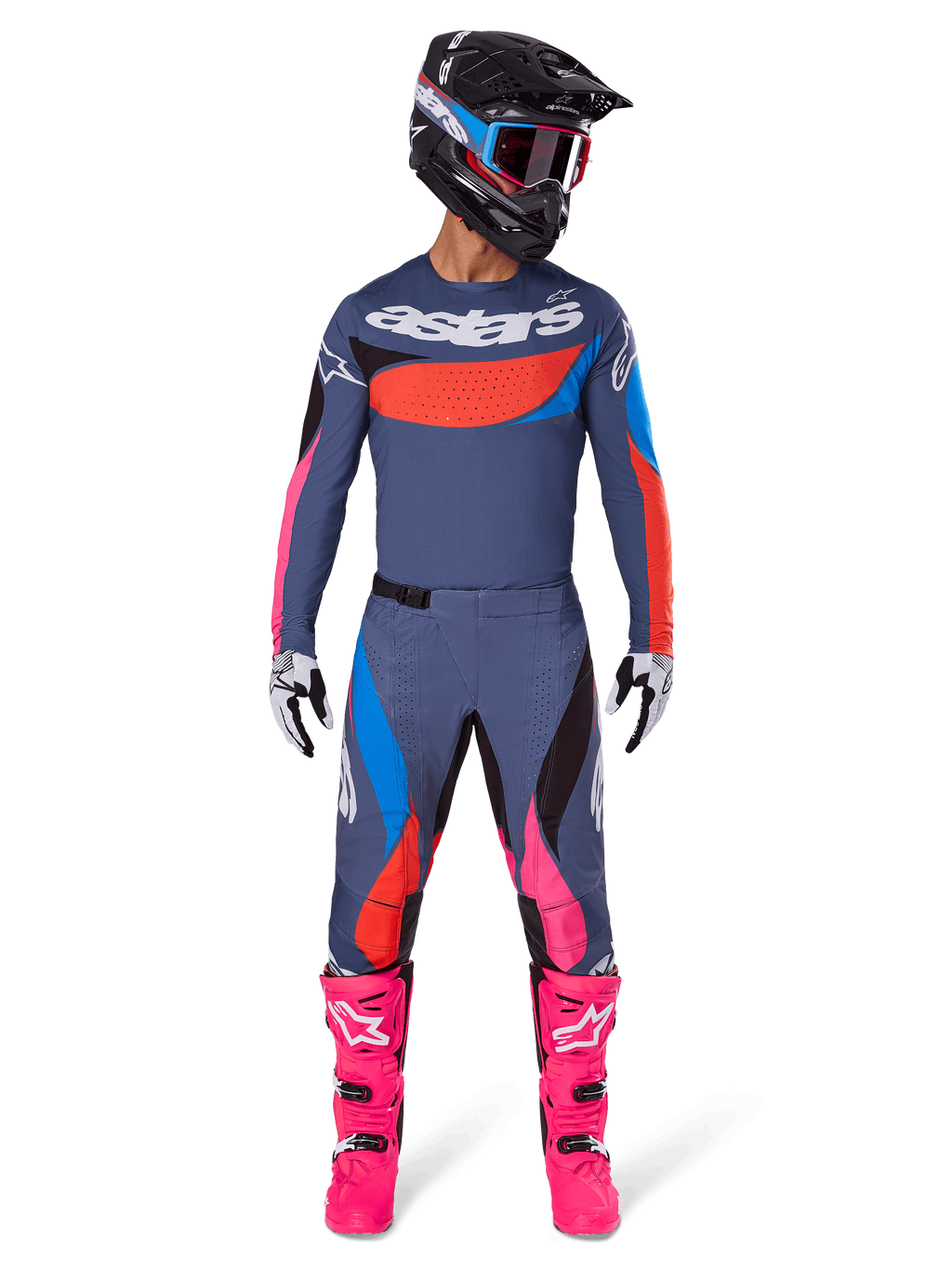 Alpinestars 2025 Techstar Dreem Pants, Motocross Pants, Gray Multicolor with pink and blue accents, worn by a rider with a matching technical jersey, black helmet, and bright pink boots, complete high-performance off-road racing gear.