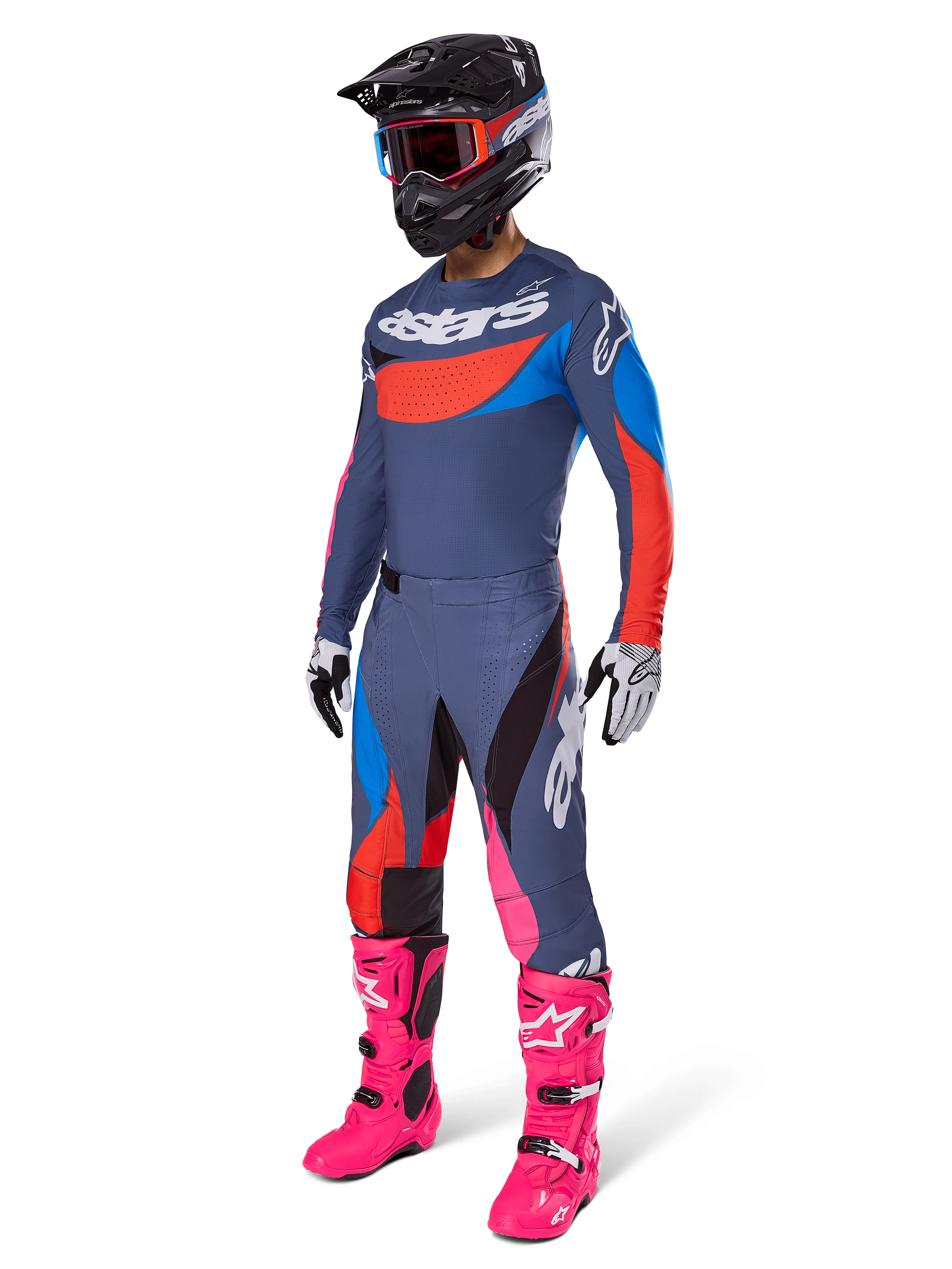 Alpinestars 2025 Techstar Dreem Pants, Motocross Pants, Gray Multicolor with blue red and pink accents, worn with matching jersey and bright pink boots, featuring black helmet and white gloves, complete gear set for off-road racing