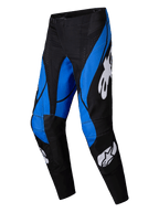 Alpinestars 2025 Techstar Dreem Pants, Motocross Pants, Black and Blue, featuring white Alpinestars logos, bold angular blue panels on a black base, athletic design with reinforced knee areas for off-road performance.