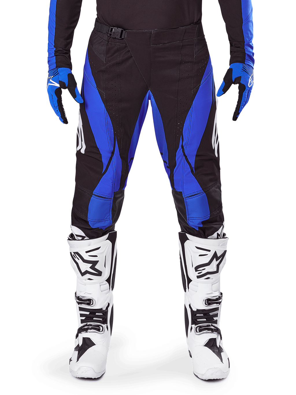 Alpinestars 2025 Techstar Dreem Pants, Motocross Pants, Black and Blue, worn with matching jersey, gloves and white boots, featuring blue side panels and athletic race fit, durable material for off-road racing