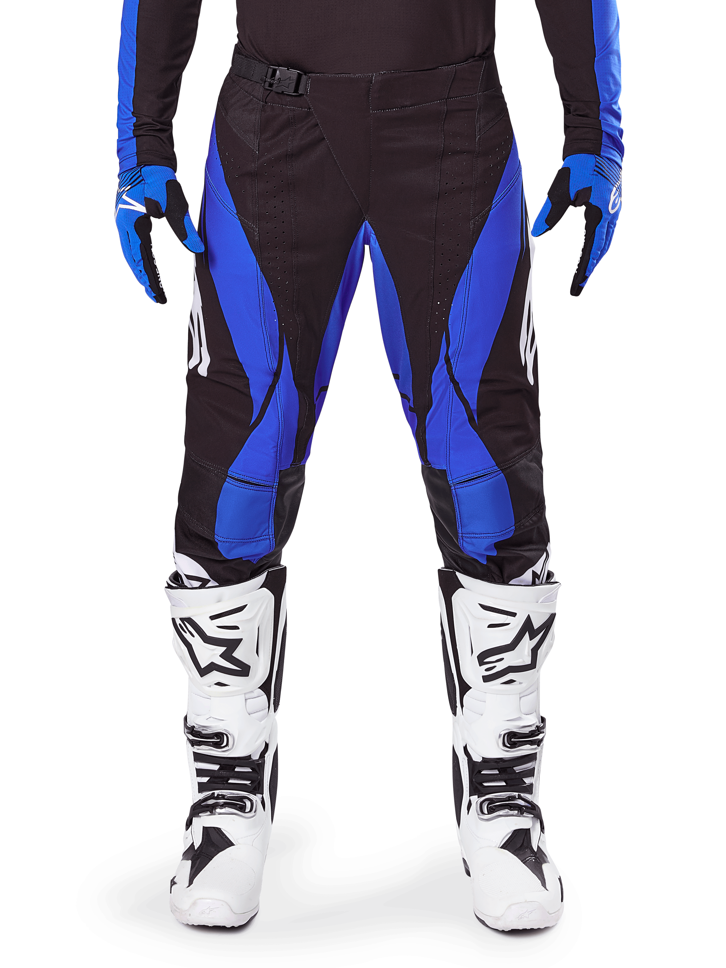 Alpinestars 2025 Techstar Dreem Pants, Motocross Pants, Black and Blue, worn with matching jersey, gloves and white boots, featuring blue side panels and athletic race fit, durable material for off-road racing