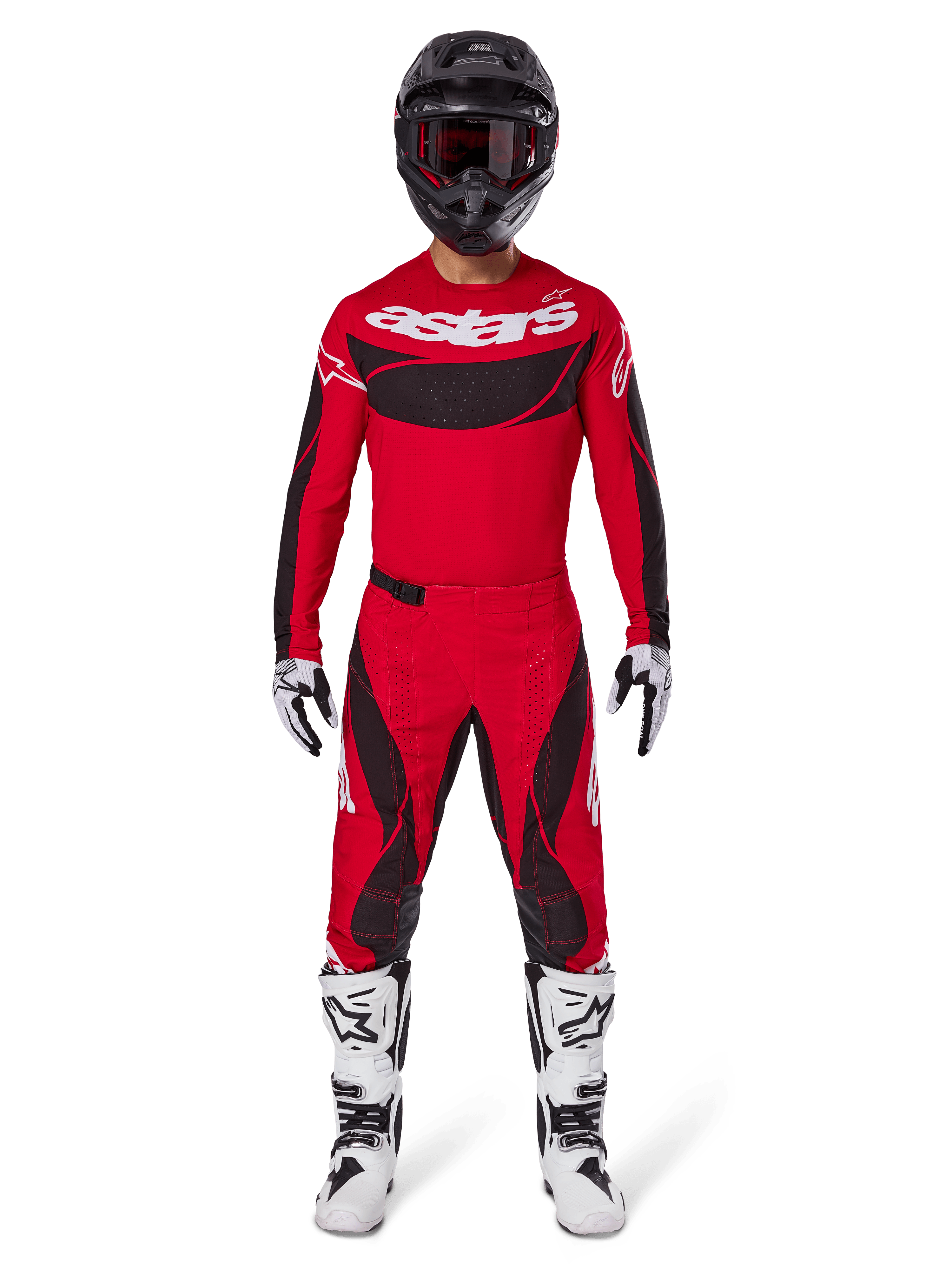 Alpinestars 2025 Techstar Dreem Pants, Motocross Pants, Bright Red and Black, worn as part of a complete racing gear set with a matching red jersey, black helmet, and white boots, sporty design with bold branding for off-road performance.