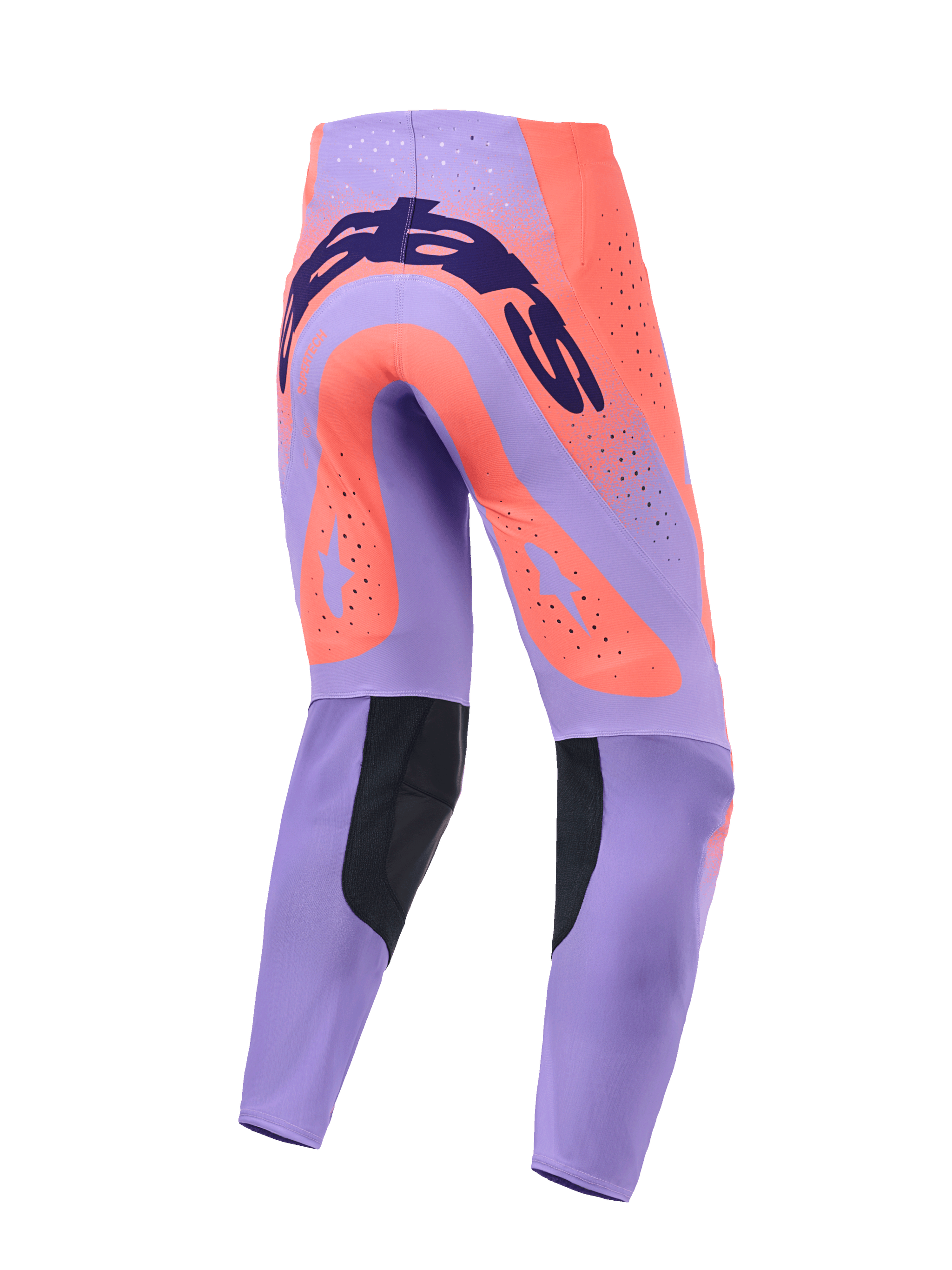 Alpinestars 2026 Supertech Scenz Pants, Motocross Pants, Hot Coral and Purple, rear view featuring dark blue branding across the seat, large coral star accents on the thighs, black inner calf panels, and laser-cut ventilation holes.