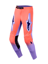 Alpinestars 2026 Supertech Scenz Pants, Motocross Pants, Hot Coral and Purple, featuring black leather inner knee panels, prominent dark purple A-star logos on the thighs, laser-cut perforations, and a black magnetic waist buckle.