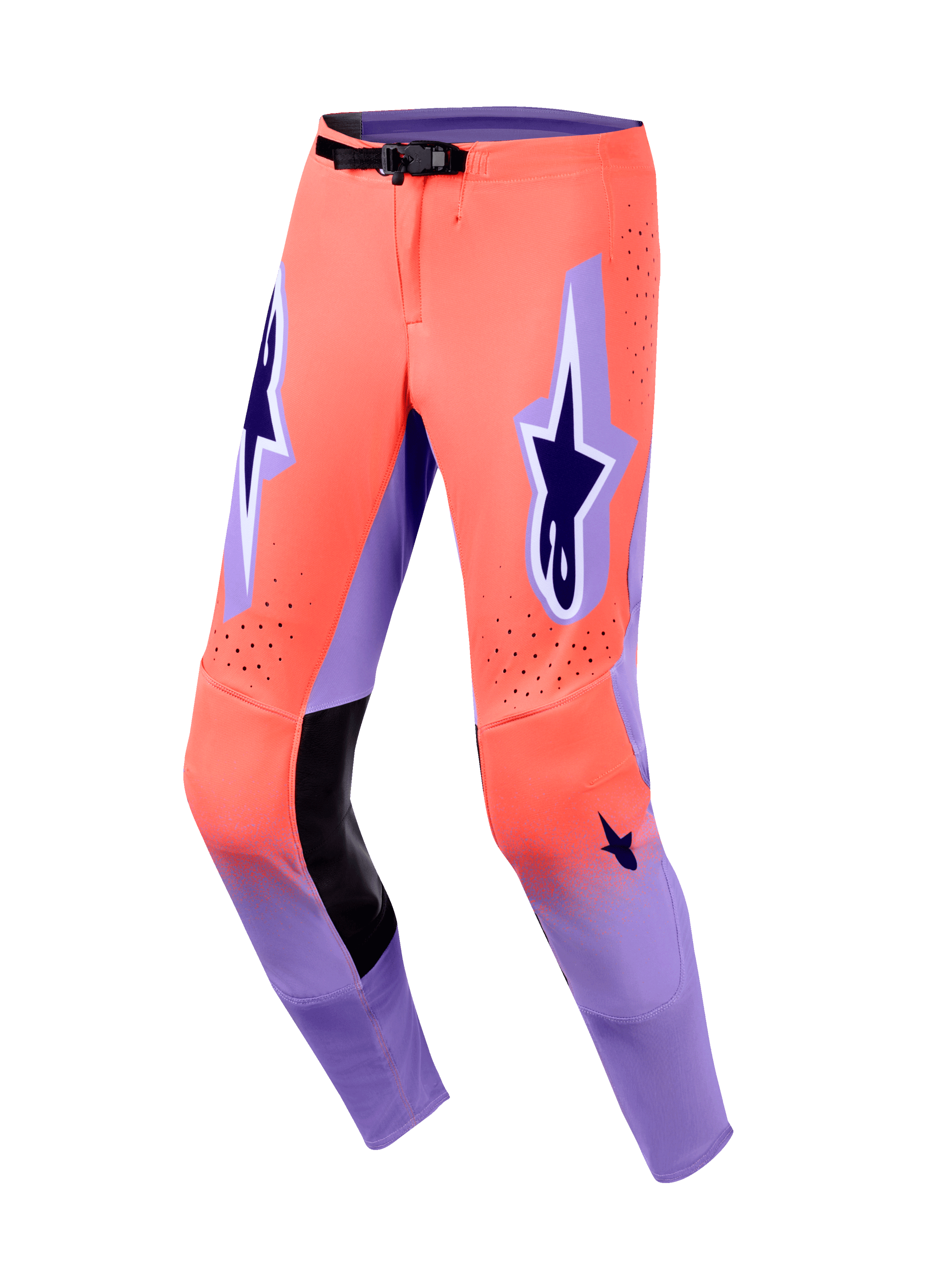 Alpinestars 2026 Supertech Scenz Pants, Motocross Pants, Hot Coral and Purple, featuring black leather inner knee panels, prominent dark purple A-star logos on the thighs, laser-cut perforations, and a black magnetic waist buckle.