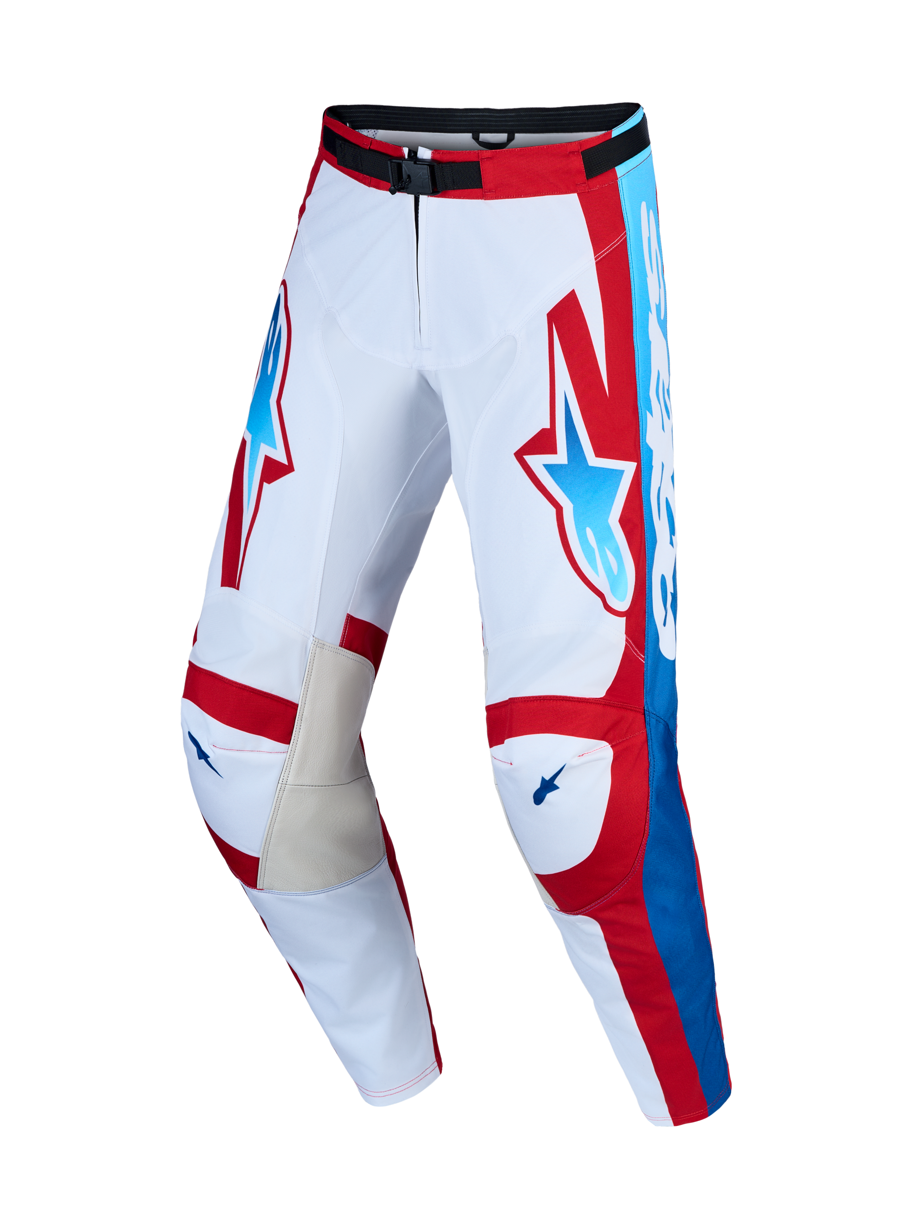 Alpinestars Racer Hunt Pants and Gear Set, white and red men's motocross pants with blue accents and leather inner knees.