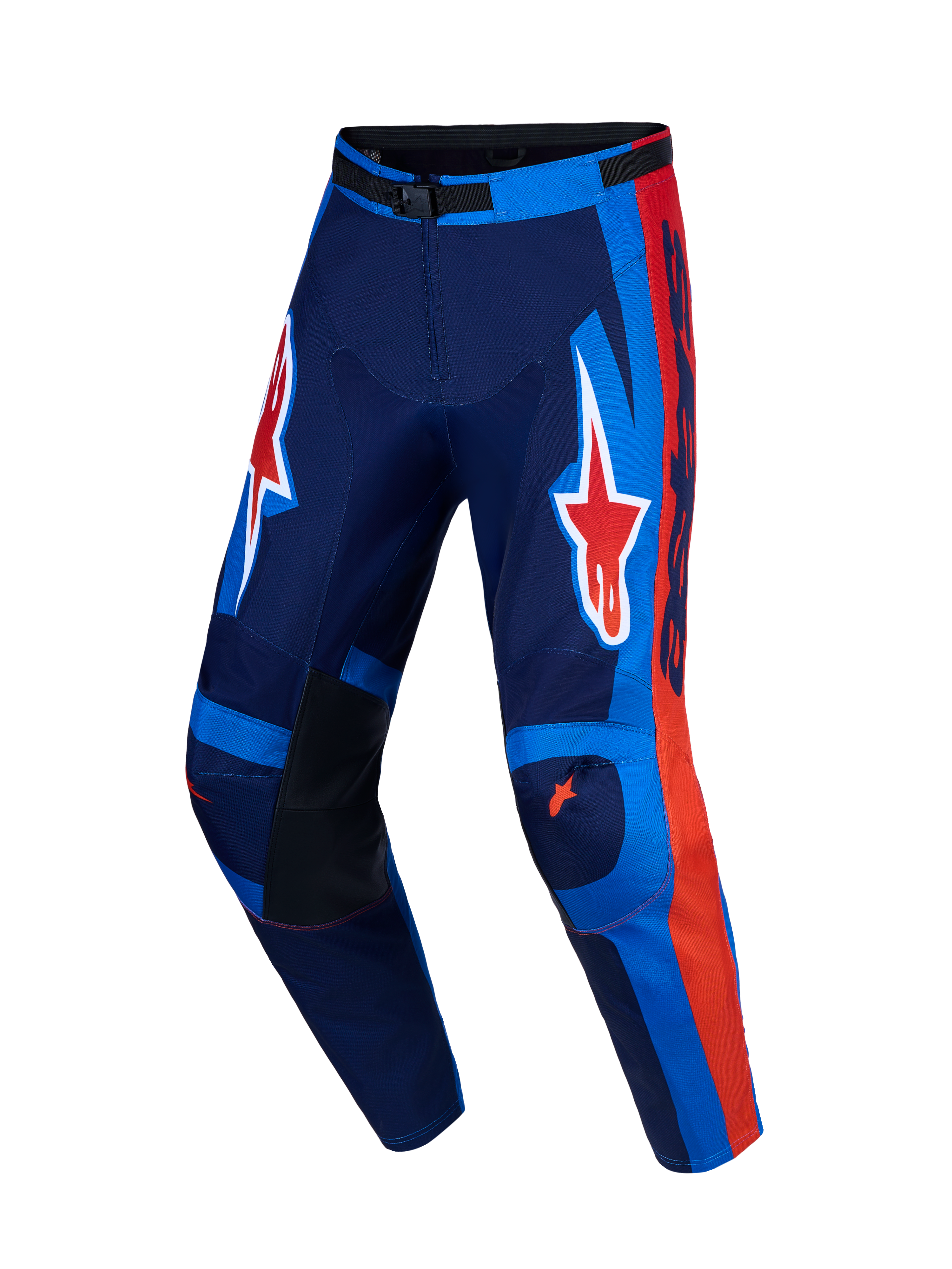 Alpinestars Racer Hunt Pants, Navy Blue and Red Motocross Racing Trousers with ergonomic fit and A-star graphics.