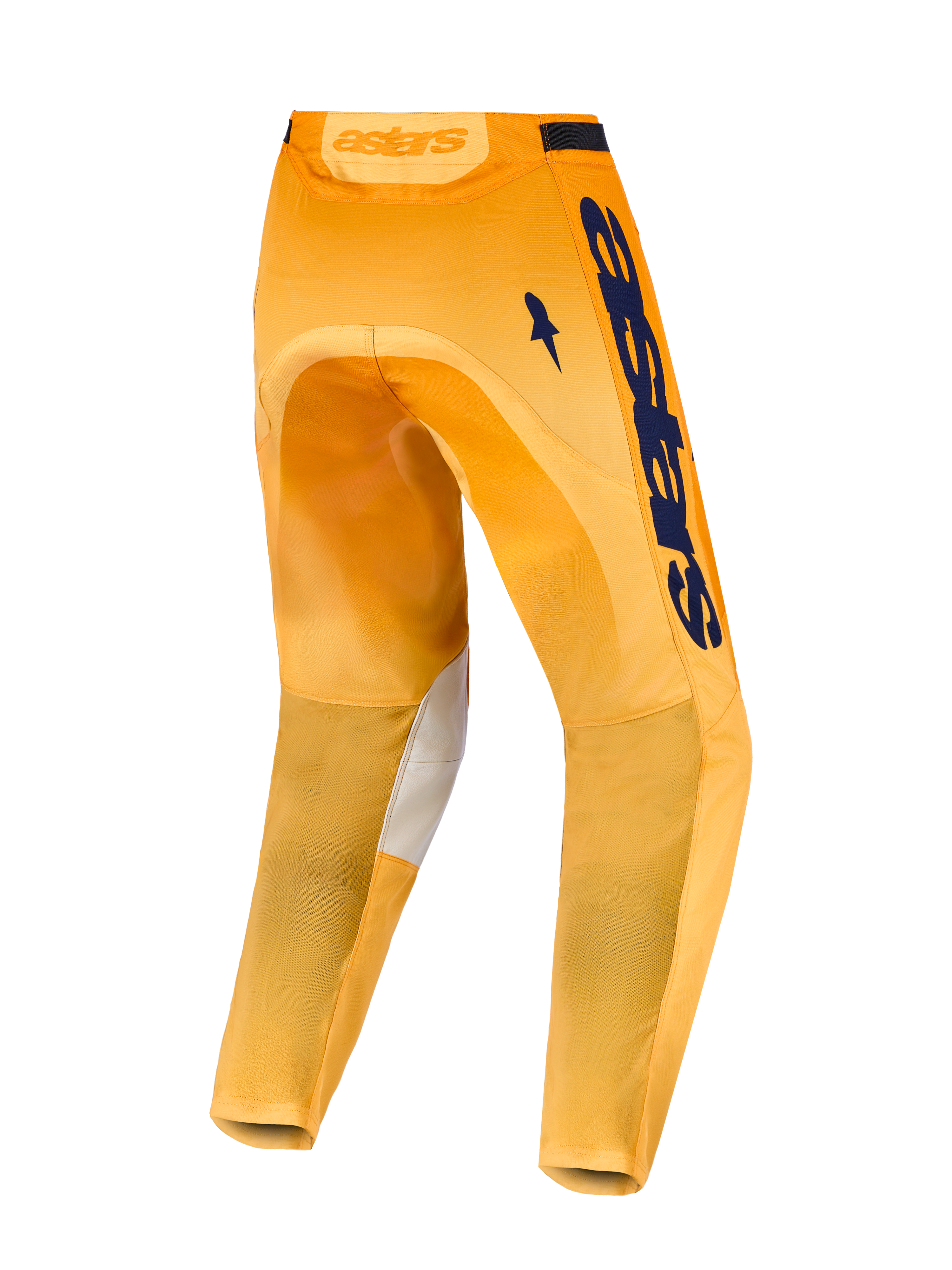 Alpinestars Racer Amber Motocross Pants, Men's, Orange and Deep Blue, featuring durable polyfabric and rear stretch panels.
