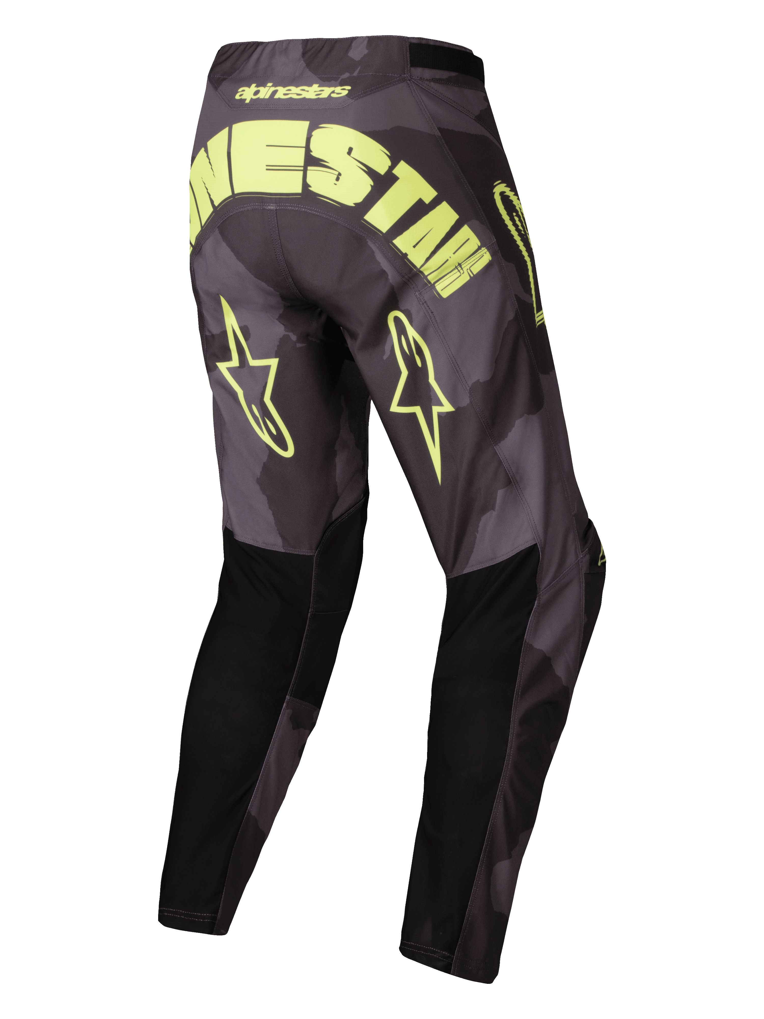 Alpinestars 2025 Racer Hollow Pants, motocross off-road pants, Dark Camo and Yellow Fluo, lightweight technical material with pre-curved construction, rear view showing large branding and star logos