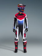 2026 Techstar Knif Gear Set, Motocross Outfit, Red White and Blue Jersey with Alpinestars logo, matching White and Black Pants with Red details, Colorful Racing Helmet with Blue Goggles, Black Boots with Red accents, complete MX racing kit