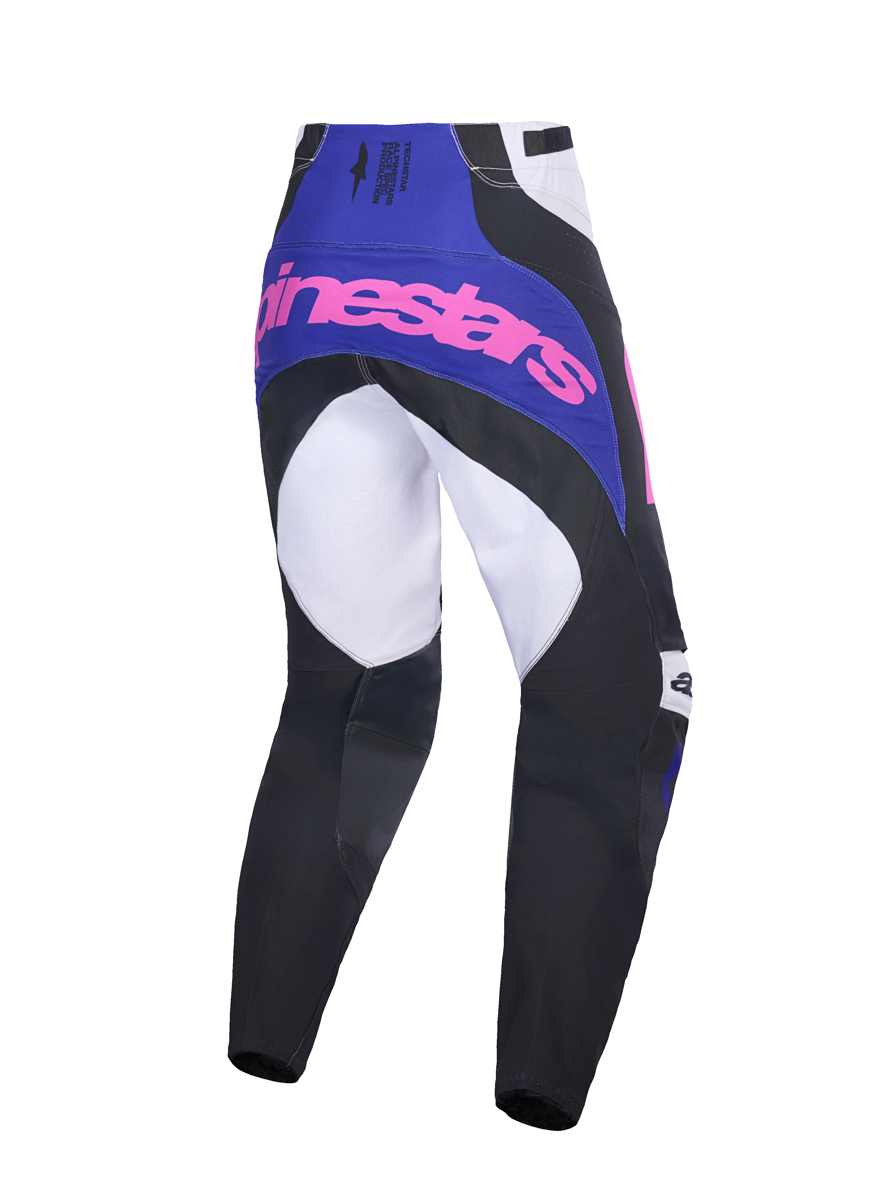 Alpinestars 2026 Techstar Knif Pants, Motocross Pants, Black, Light Gray, and Purple with Pink branding, rear view showing multi-panel construction, purple yoke with pink logo, and reinforced seat area for off-road racing