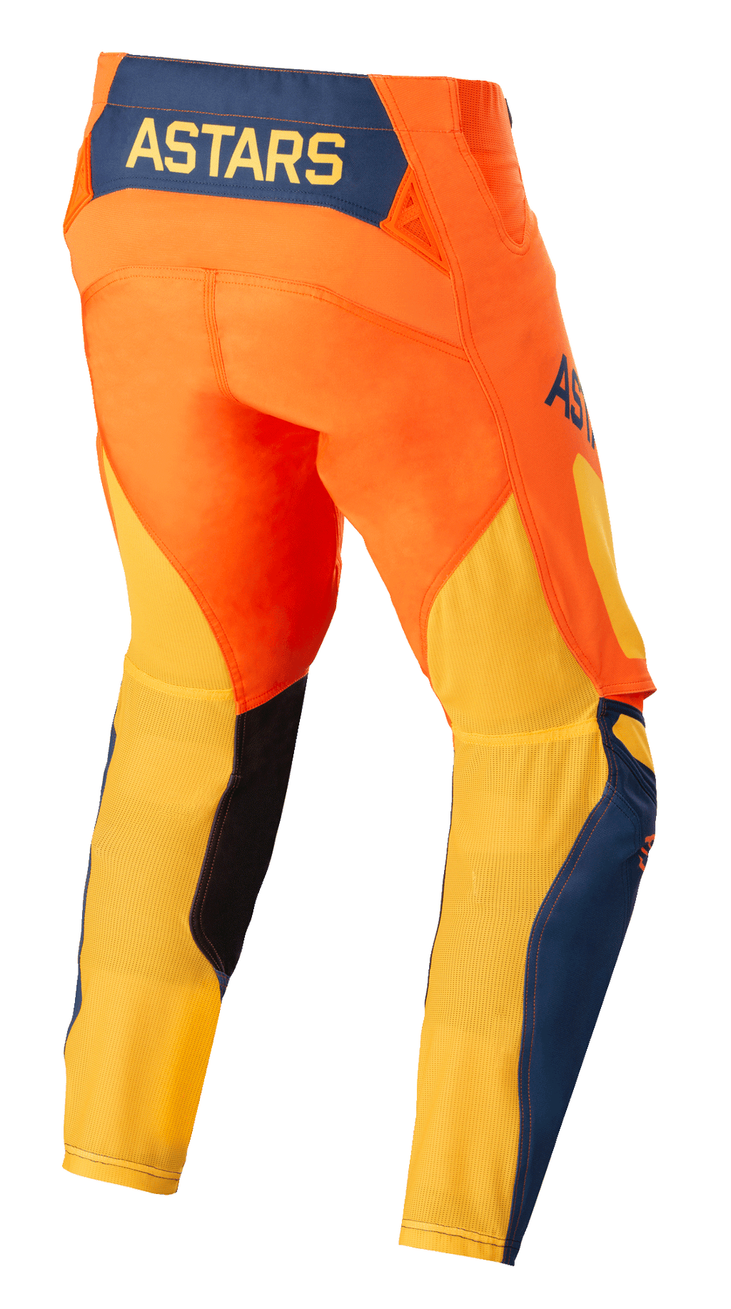 Alpinestars Techstar Factory Pants, Motocross Pants, Orange, Dark Blue, and Warm Yellow, rear view featuring the yellow ASTARS logo on a dark blue back panel, vibrant orange chassis with breathable yellow mesh on the lower legs and blue accents