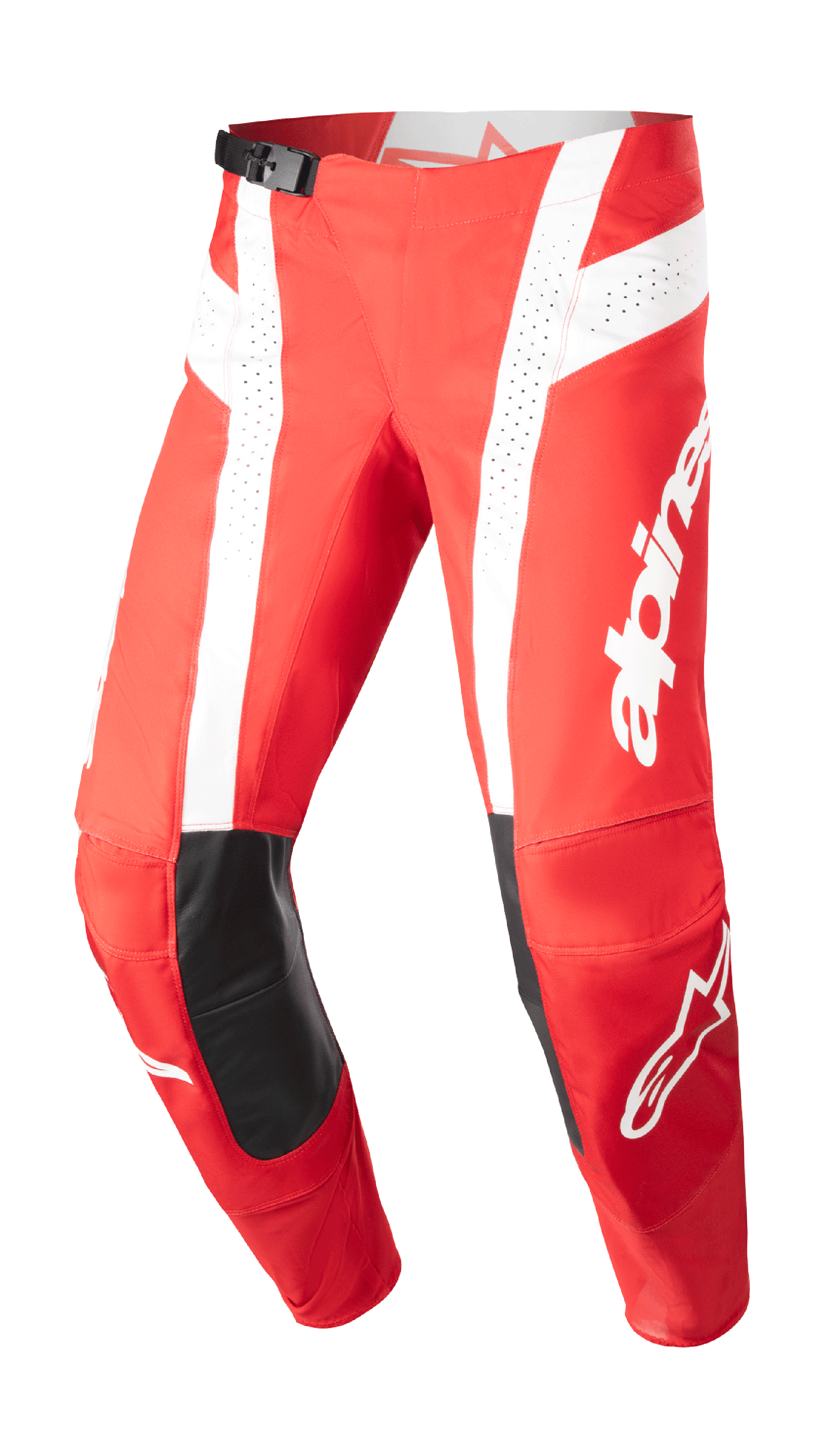 Alpinestars 2023 Techstar Arch Pants, Motocross Racing Pants, Mars Red and White, black leather knee patches, perforated ventilation panels, adjustable waist buckle, performance off-road gear