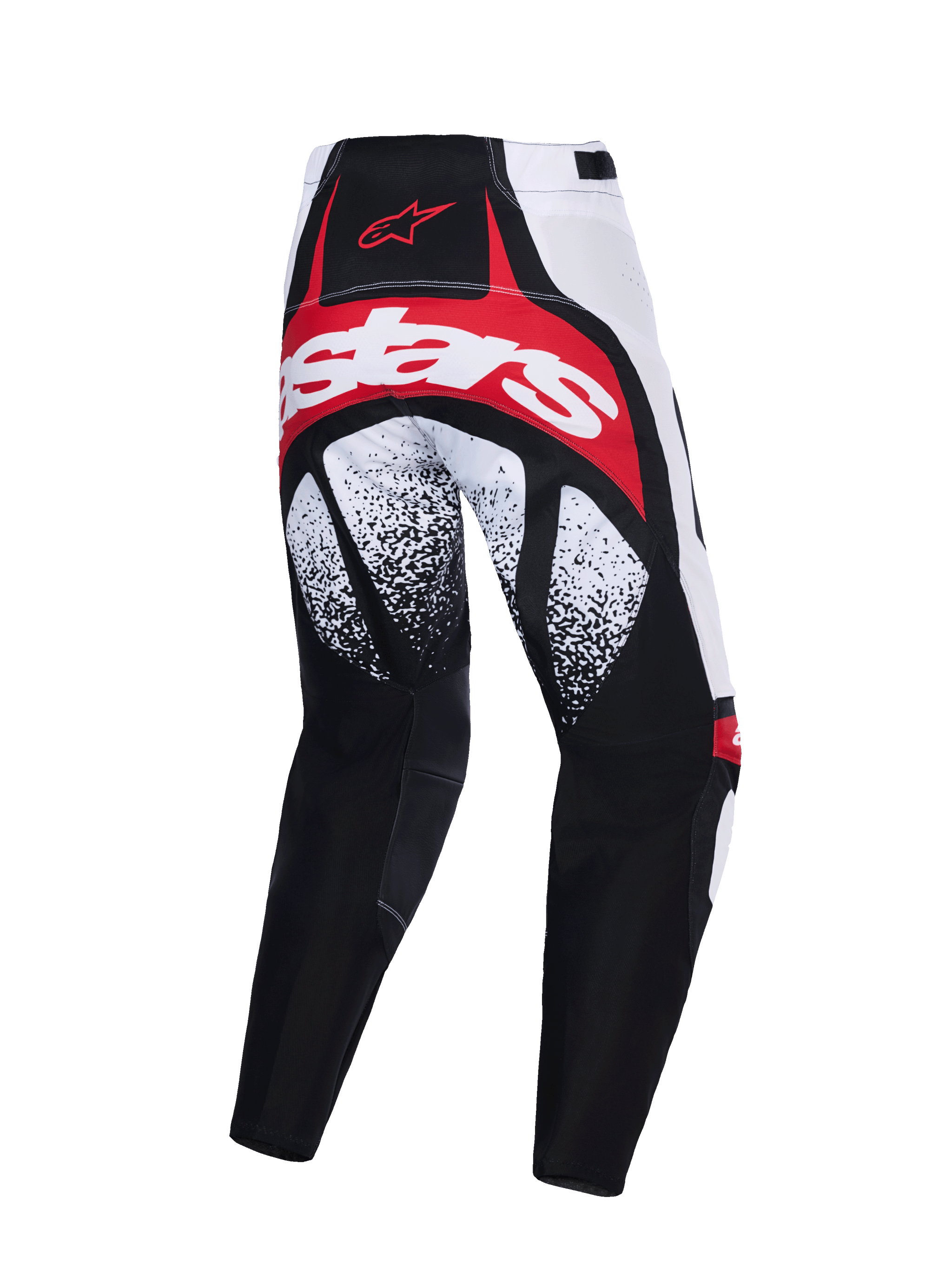 Alpinestars 2026 Techstar Nomur Pants, Motocross Pants, Black White and Red, rear view featuring bold red and white branding across the seat, black and white speckled patterns on the thighs, and multi-panel performance construction.
