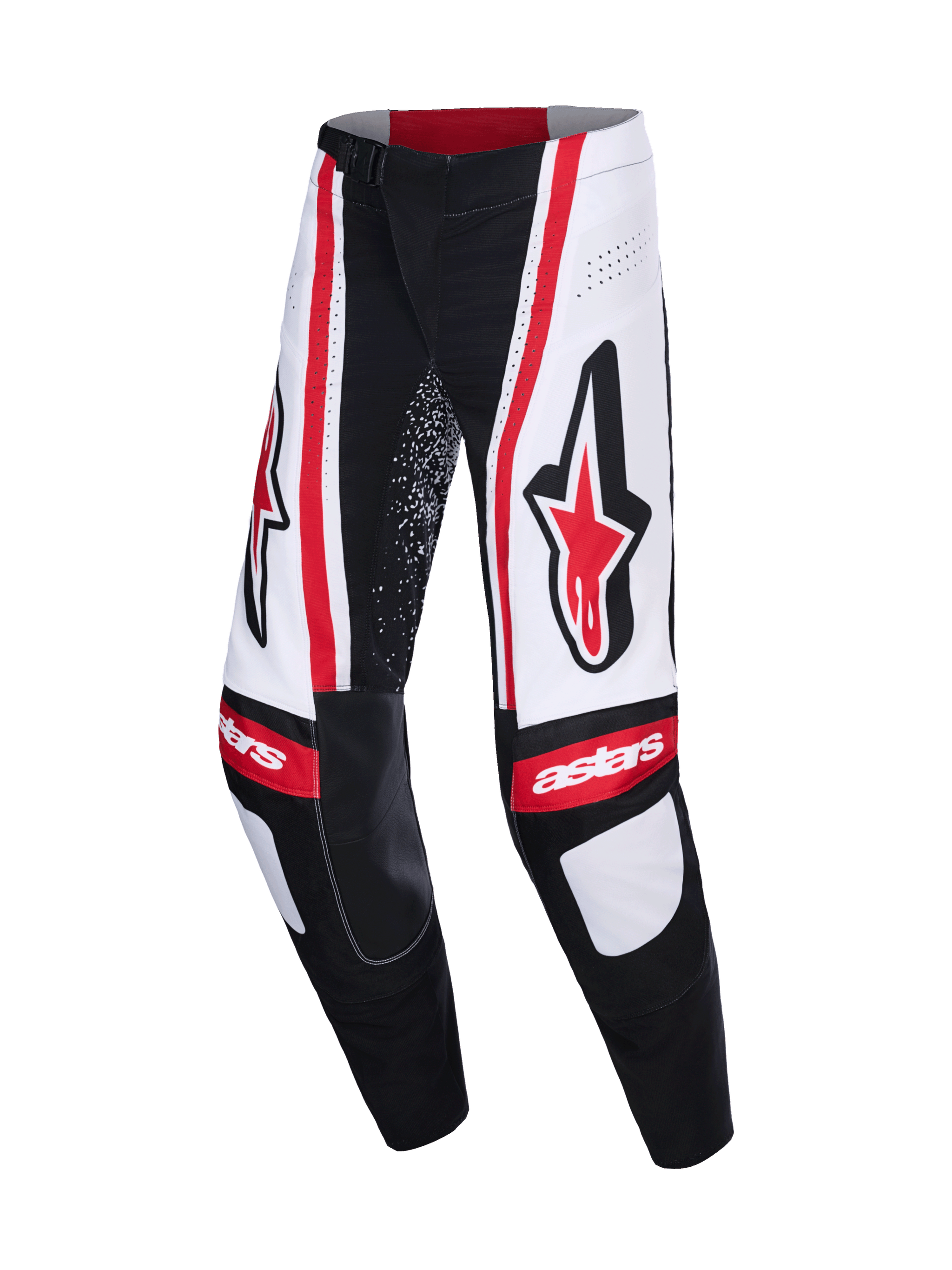 Alpinestars 2026 Techstar Nomur Pants, Motocross Pants, Black White and Red, featuring large red Astars logos on the thighs, white panels with vertical red stripes, and "astars" branding on the knees.