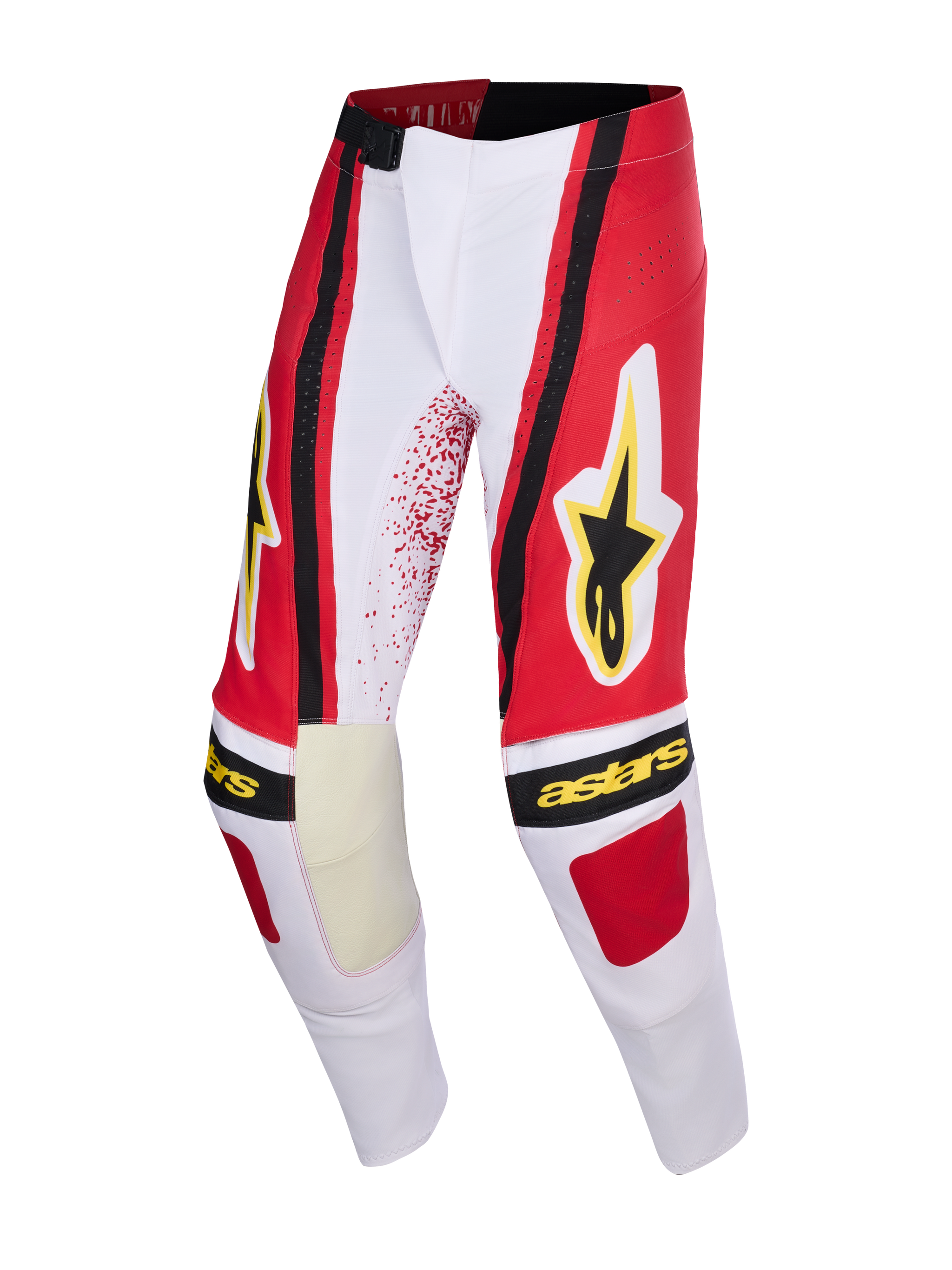 Alpinestars 2026 Techstar Nomur Pants, Motocross Pants, Light Gray Red and Black, featuring yellow Alpinestars star logo and text, reinforced inner knee panels, athletic race-fit design for off-road racing