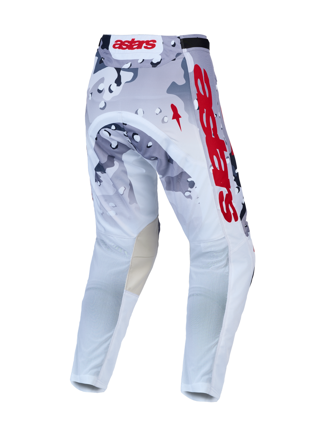 Alpinestars Racer Air Lone Pants, Men's Motocross Racing Pants in Gray Camo and White with Red accents, featuring breathable perforated polyfabric and pre-curved construction for off-road performance.