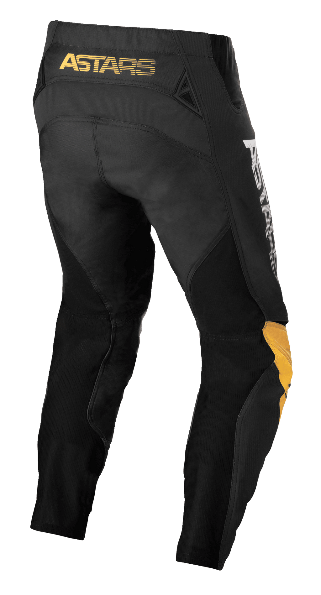 Alpinestars Techstar Quadro Pants, Motocross Pants, Black Yellow and Tangerine, rear view featuring yellow 'ASTARS' branding on the waistband, black mesh inserts for ventilation, and ergonomic yellow and tangerine knee panels for off-road racing durability.