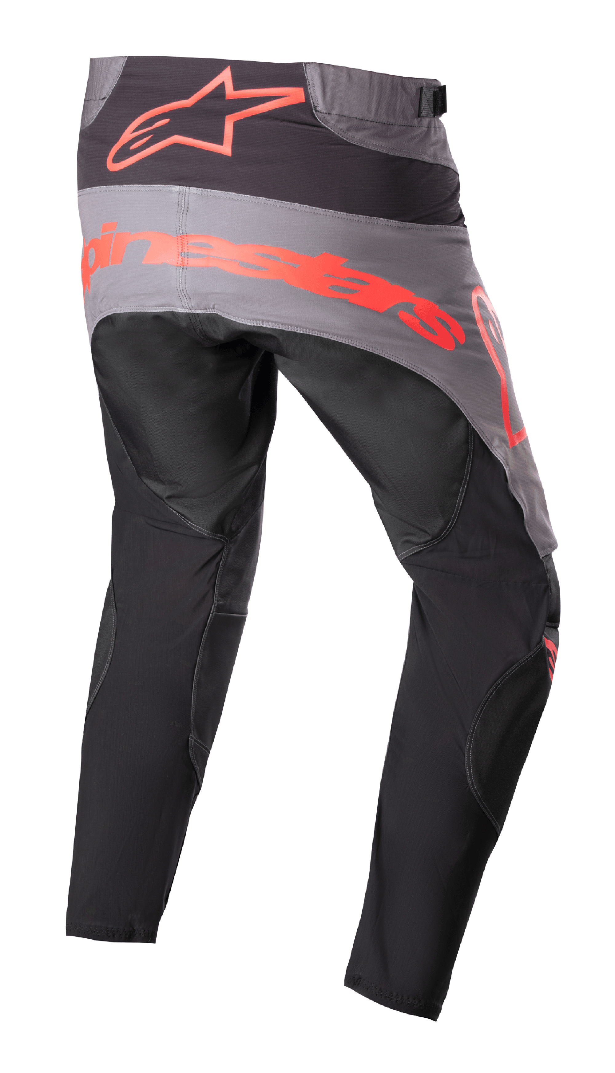 Alpinestars 2023 Techstar Sein Pants, Motocross Pants, Black and Neon Red, rear view featuring a grey seat panel with large neon red branding, ergonomic pre-curved legs, and durable textile construction for off-road performance.