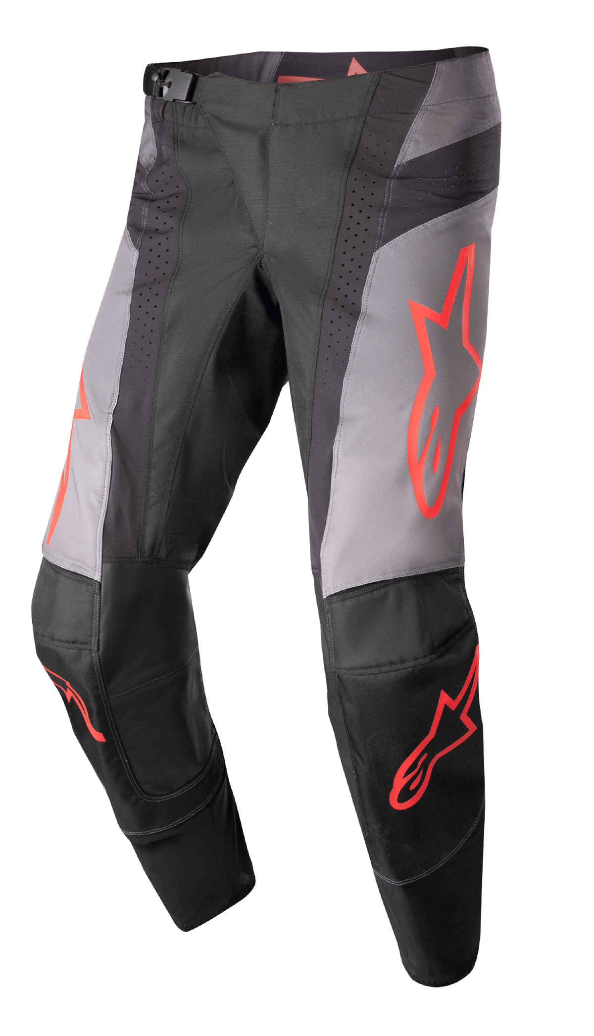 Alpinestars 2023 Techstar Sein Pants, Motocross Racing Pants, Black and Gray with Neon Red Star Graphics, featuring perforated ventilation zones, magnetic waist buckle, and reinforced 3D Babel knee construction for off-road performance.