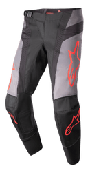Alpinestars 2023 Techstar Sein Pants, Motocross Racing Pants, Black and Gray with Neon Red Star Graphics, featuring perforated ventilation zones, magnetic waist buckle, and reinforced 3D Babel knee construction for off-road performance.