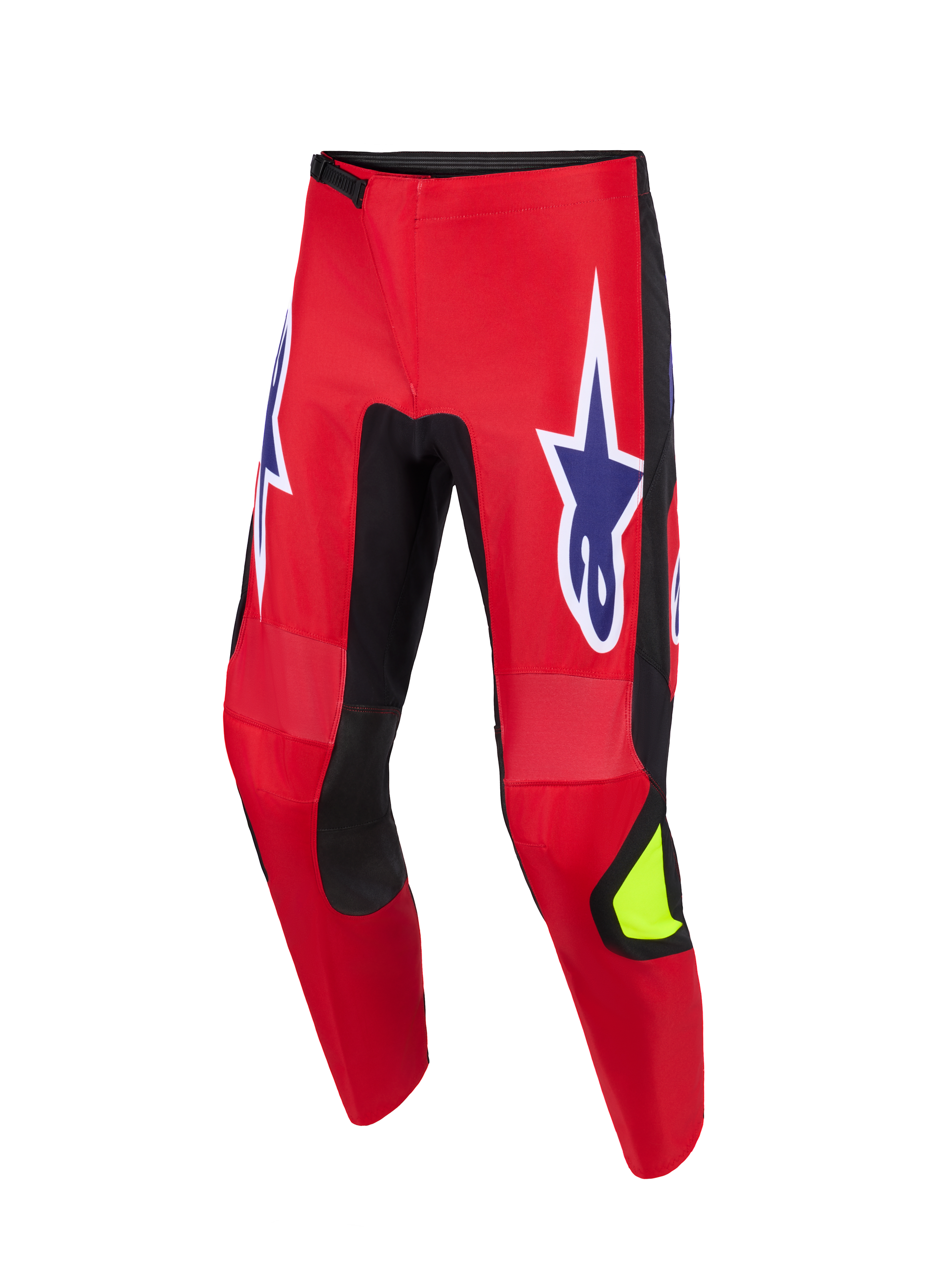 Alpinestars 2026 Fluid Grid Pants, Motocross Pants, Red Black and Purple, featuring large purple star logos with white outlines on the thighs, black stretch panels on inner legs, neon yellow accent on the shin, durable poly-fabric construction for off-road riding