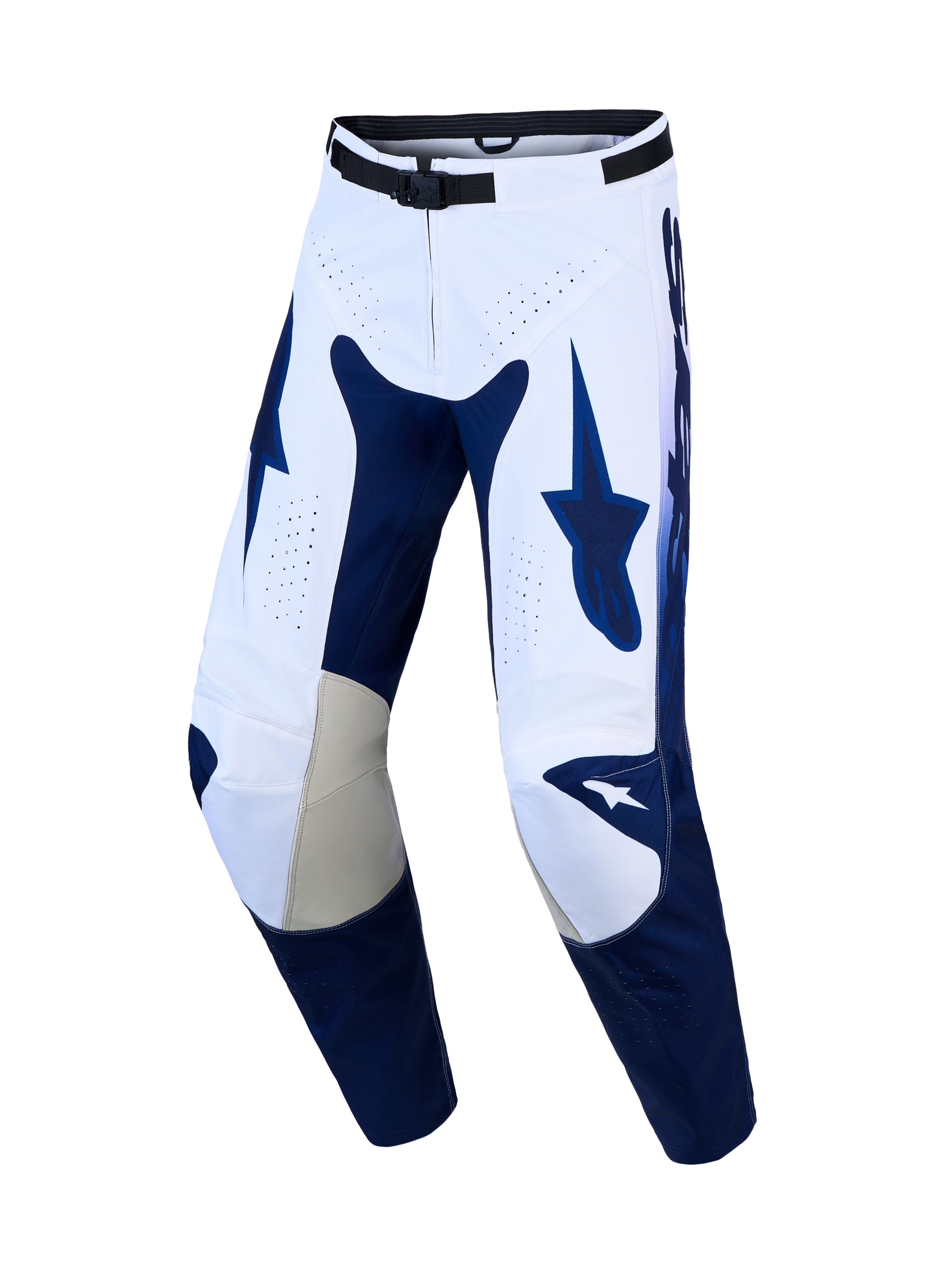 Alpinestars Racer Air Amber Men's Motocross Pants, Navy Blue and White, featuring perforated ventilation and leather knees.