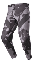 Alpinestars 2023 Racer Tactical Pants, Motocross Off-Road Pants, Iron Camo Gray and Black, featuring leather-reinforced inner legs, ratchet waist adjustment, and a durable 600D poly-fabric construction