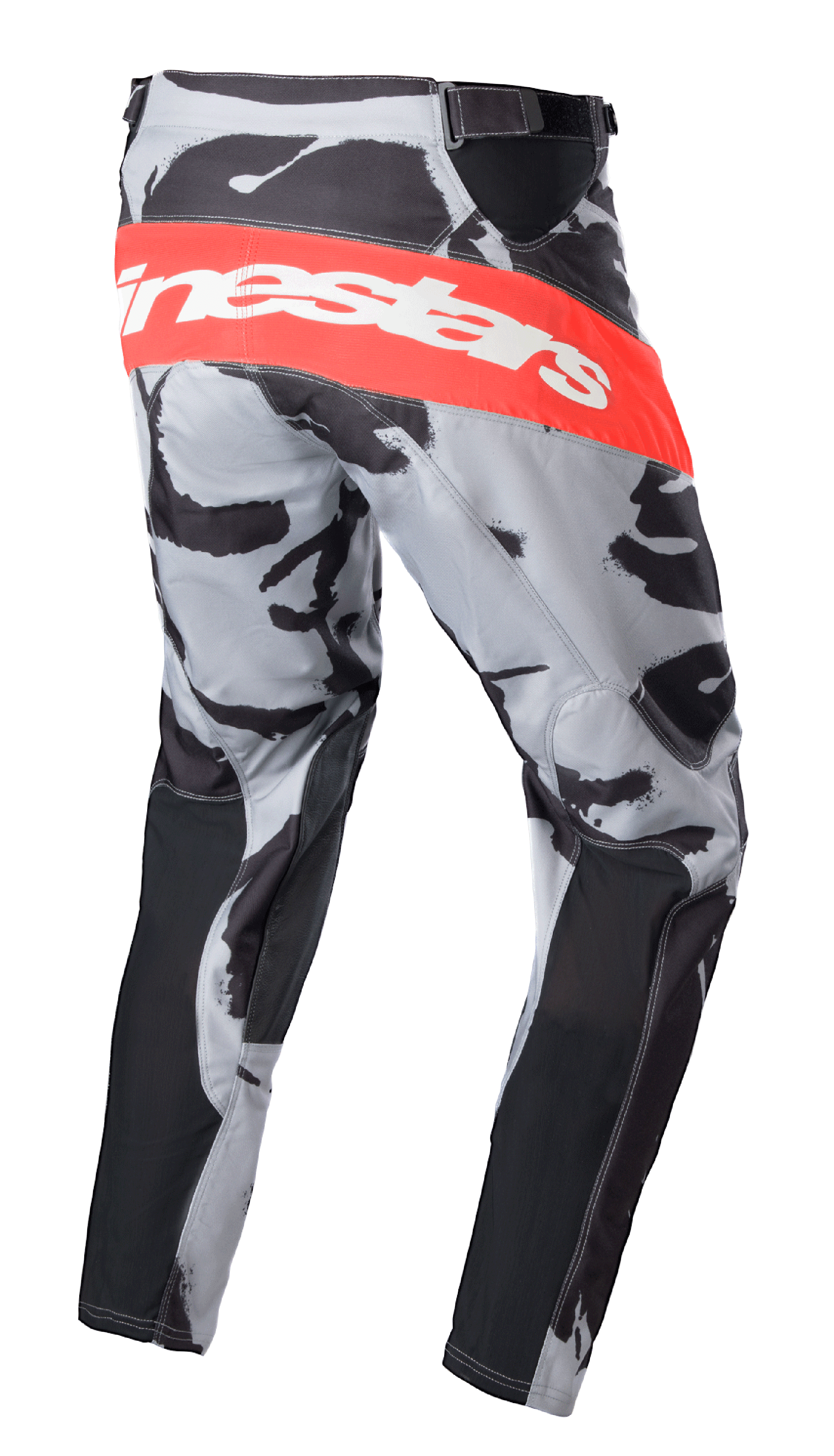 Alpinestars 2023 Racer Tactical Pants, Motocross Pants, Cast Gray Camo and Mars Red, large red horizontal band with white Alpinestars logo on the rear, camouflage pattern with black panels, sporty design for dirt bike racing