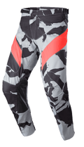 Alpinestars 2023 Racer Tactical Pants, Motocross Off-Road Pants, Cast Gray Camo and Black pattern with Mars Red diagonal accents, leather reinforced inner-leg panels, ratchet waist closure, ergonomic pre-curved design for off-road riding