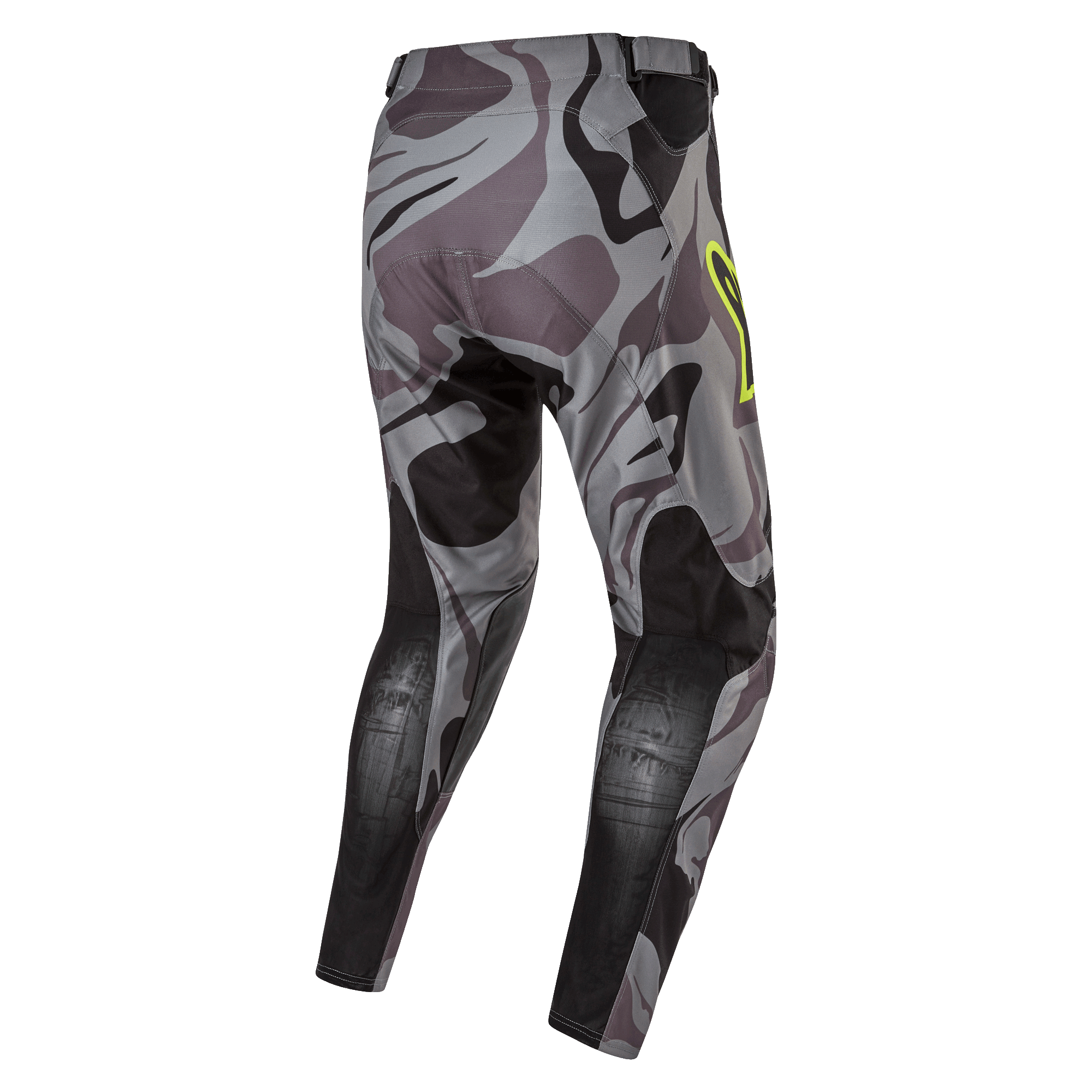 Alpinestars 2024 Racer Tactical Pants, Motocross Pants, Cast Gray Camo Magnet, rear view showing gray camouflage pattern with black reinforced panels, yellow logo accent on the hip, technical rip-stop material for off-road racing