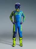 2026 Fluid Apex Gear Set, complete motocross racing outfit in Blue and Neon Yellow, features a coordinated jersey, pants, helmet, and goggles, paired with neon yellow and black boots, designed for off-road performance and professional style