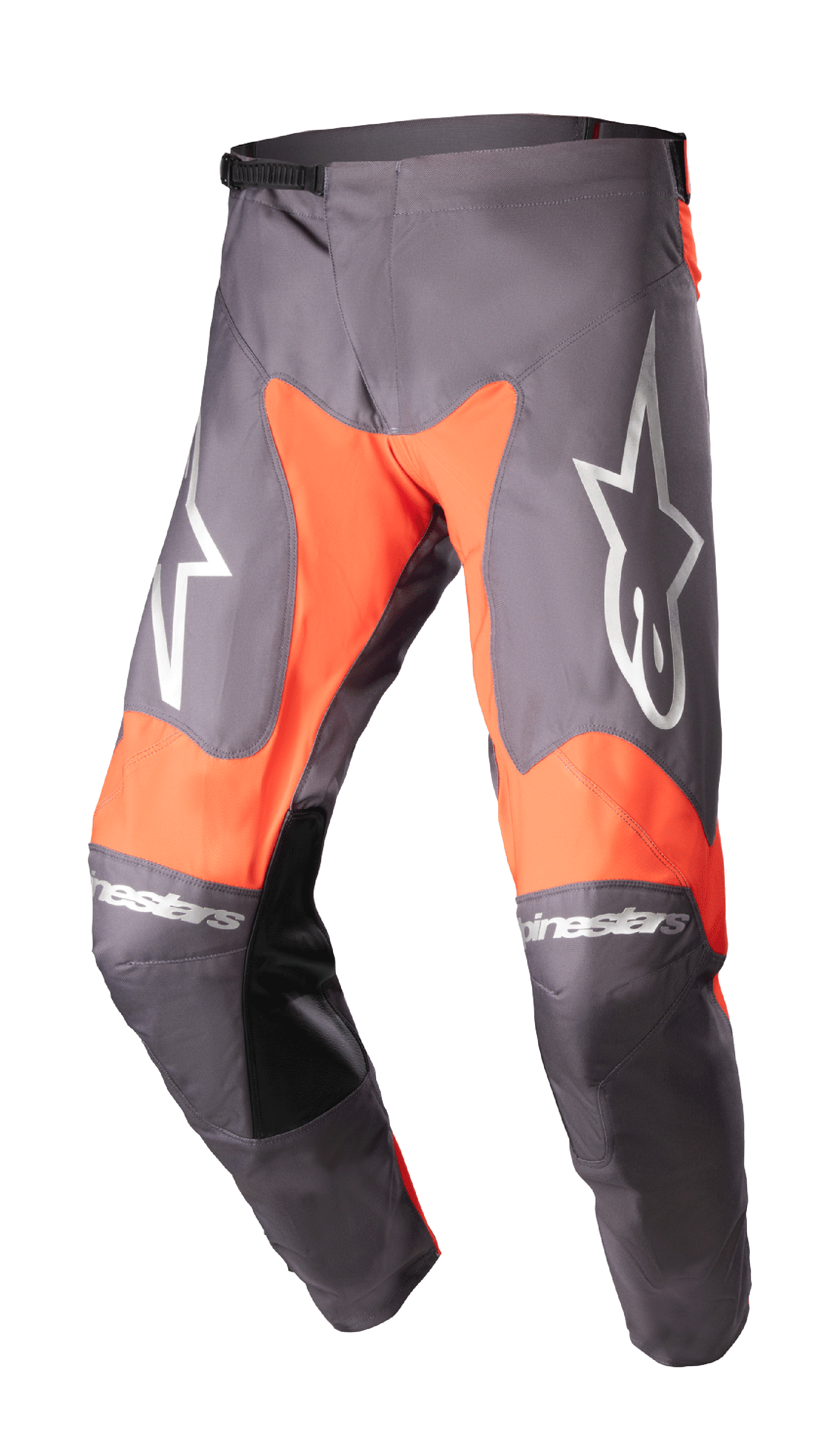 Alpinestars 2023 Racer Hoen Pants, Motocross Racing Pants, Magnet and Hot Orange, large white star logos on thighs, black leather inner-knee panels, ratchet waist adjustment, durable construction for off-road racing
