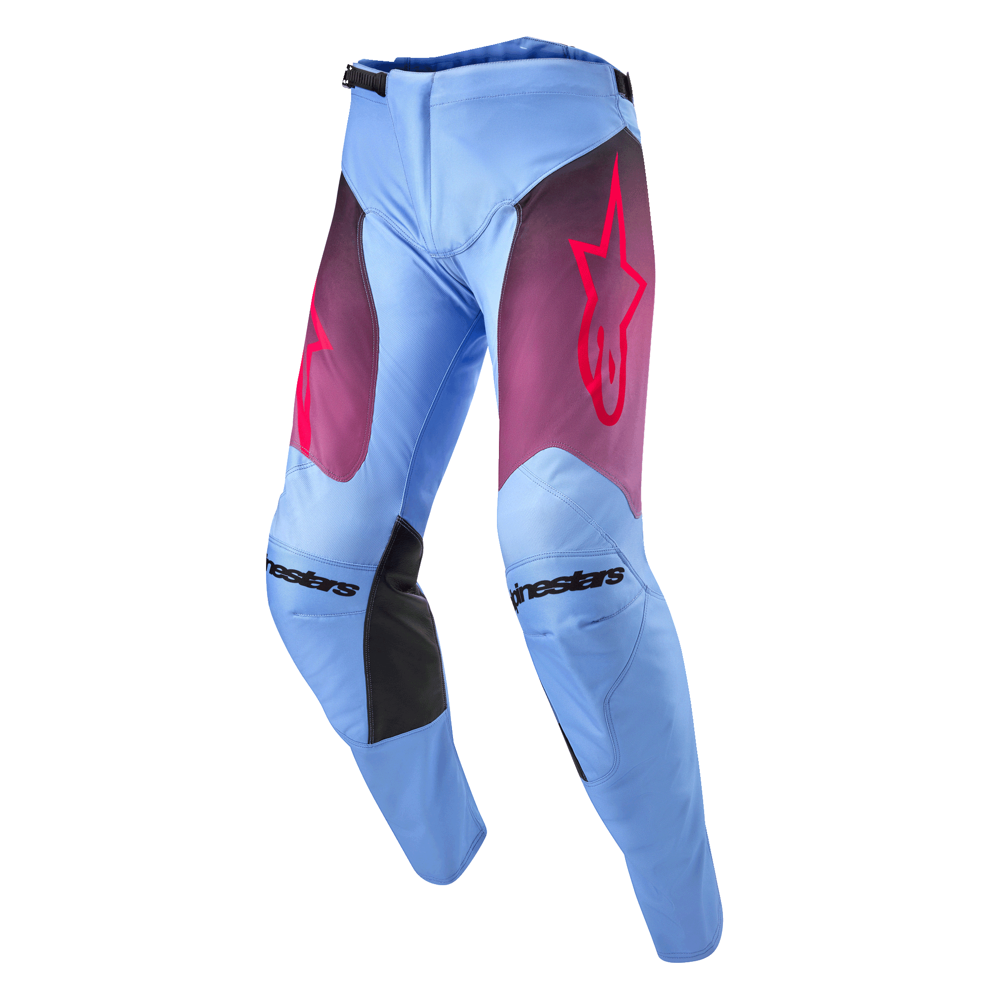 Alpinestars 2024 Racer Hoen Pants, Motocross Pants, Lavan Purple and Black, light blue lavender chassis with purple fade thigh panels and pink star logo, black inner knee panels, pre-curved ergonomic design for off-road performance