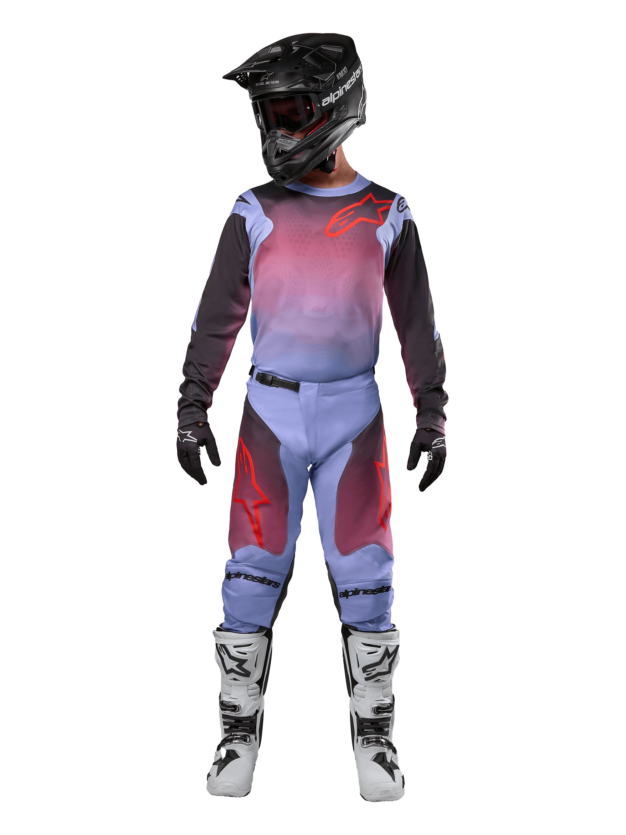 Motocross rider wearing complete racing gear, Alpinestars 2024 Racer Hoen Jersey and Pants, Lavan Purple and Black with red accents, black helmet, white and black boots, black gloves, coordinated outfit for off-road racing