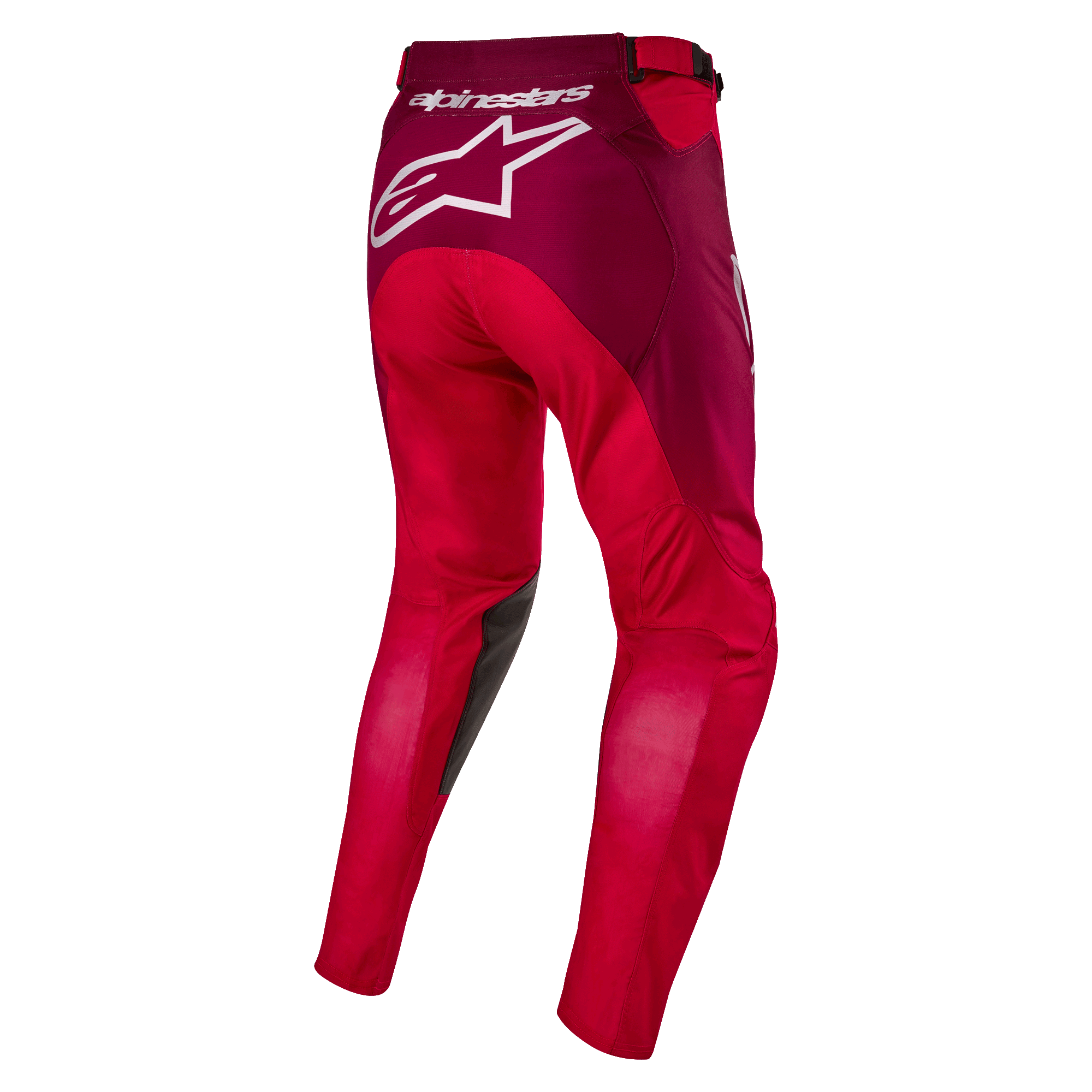 Alpinestars 2024 Racer Hoen Pants, Motocross Pants, Mars Red and Burgundy, rear view showing large white Alpinestars logo on the seat, ergonomic pre-curved leg construction, durable textile material for off-road racing
